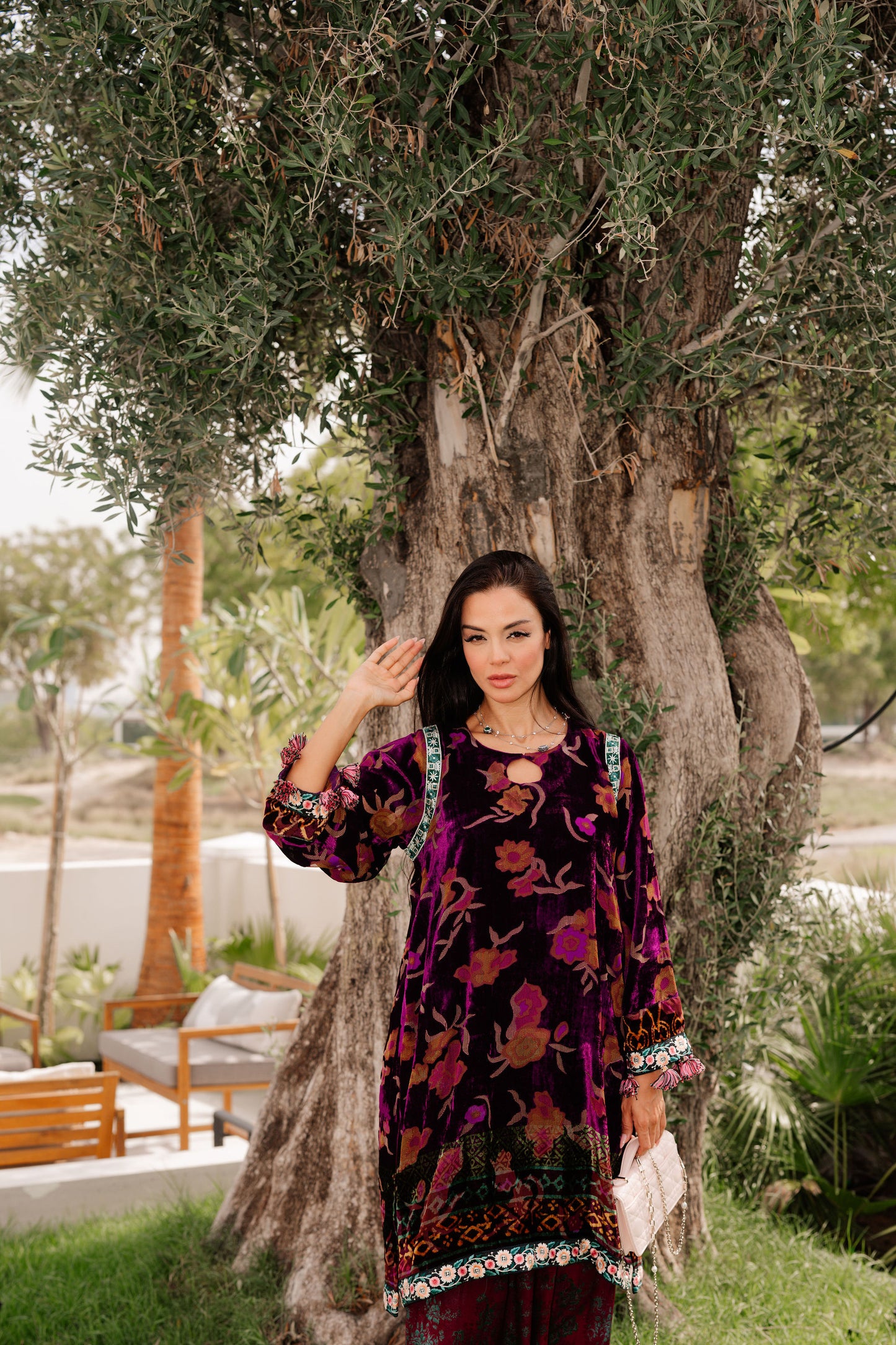 Lilac Purple Floral Palachi Velvet Box Shirt with Balloon Pants