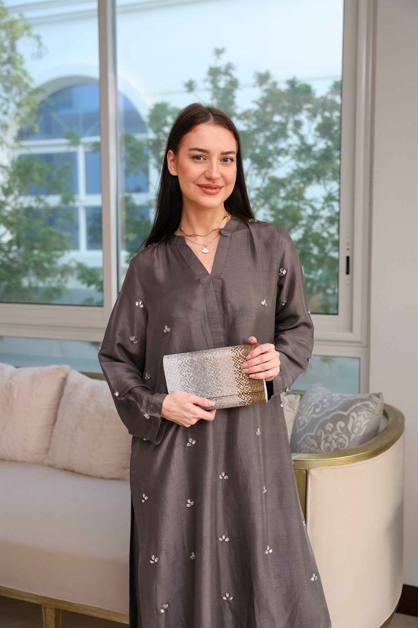 Crystal Embellished Minimal V-Neck Co-ord Set