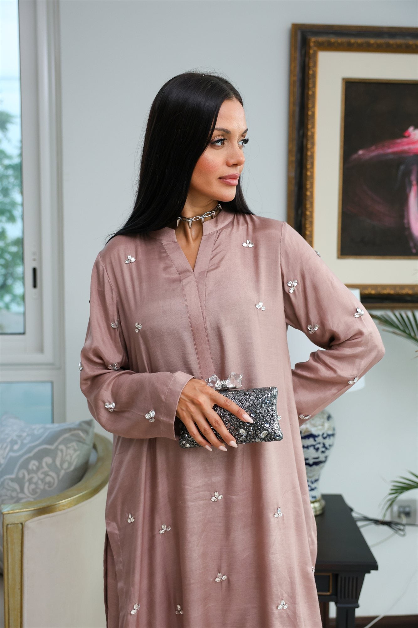 Crystal Embellished Minimal V-Neck Co-ord Set