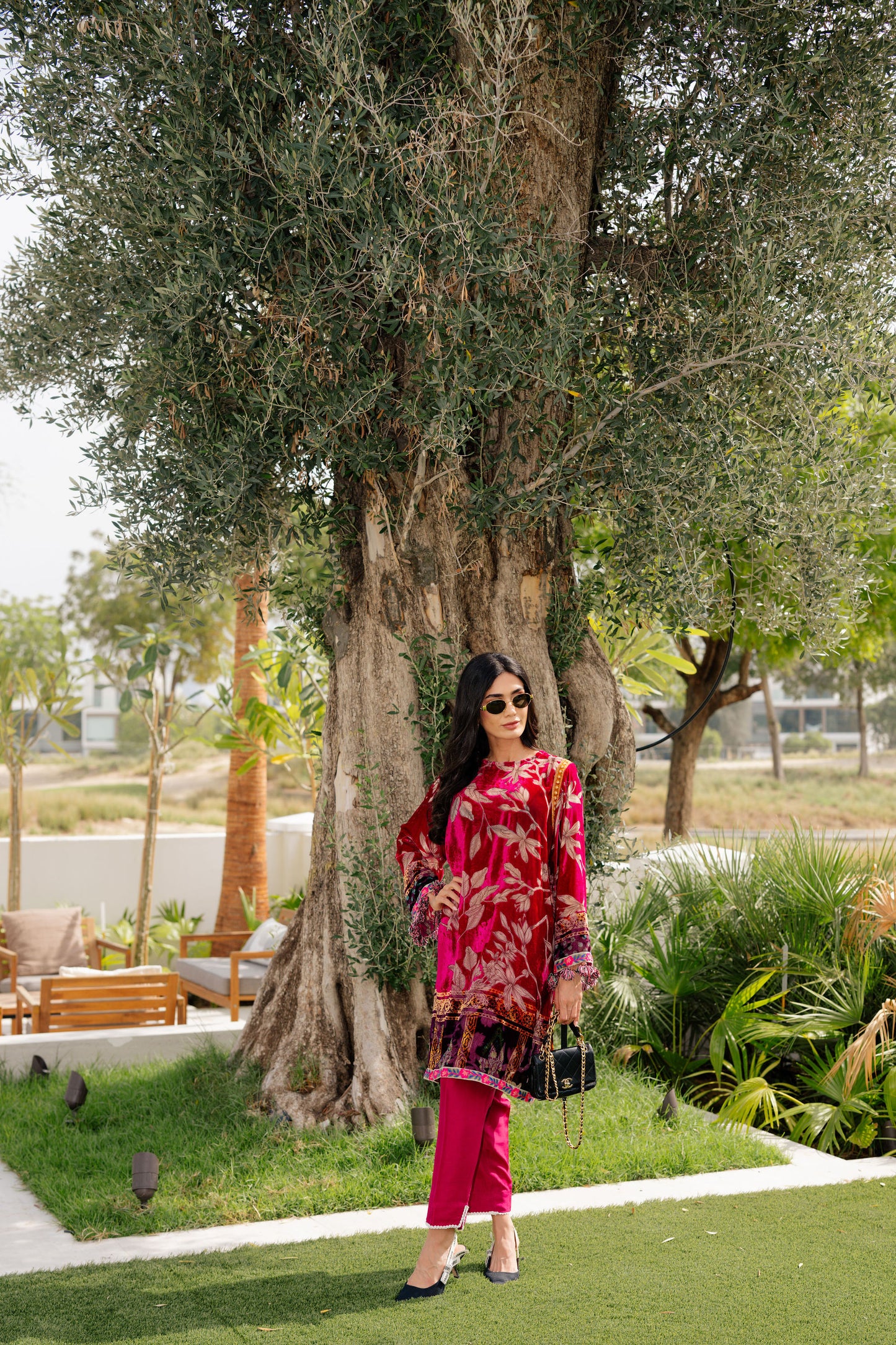 Fuchsia Pink Floral Palachi Velvet Box Shirt with Balloon Pants