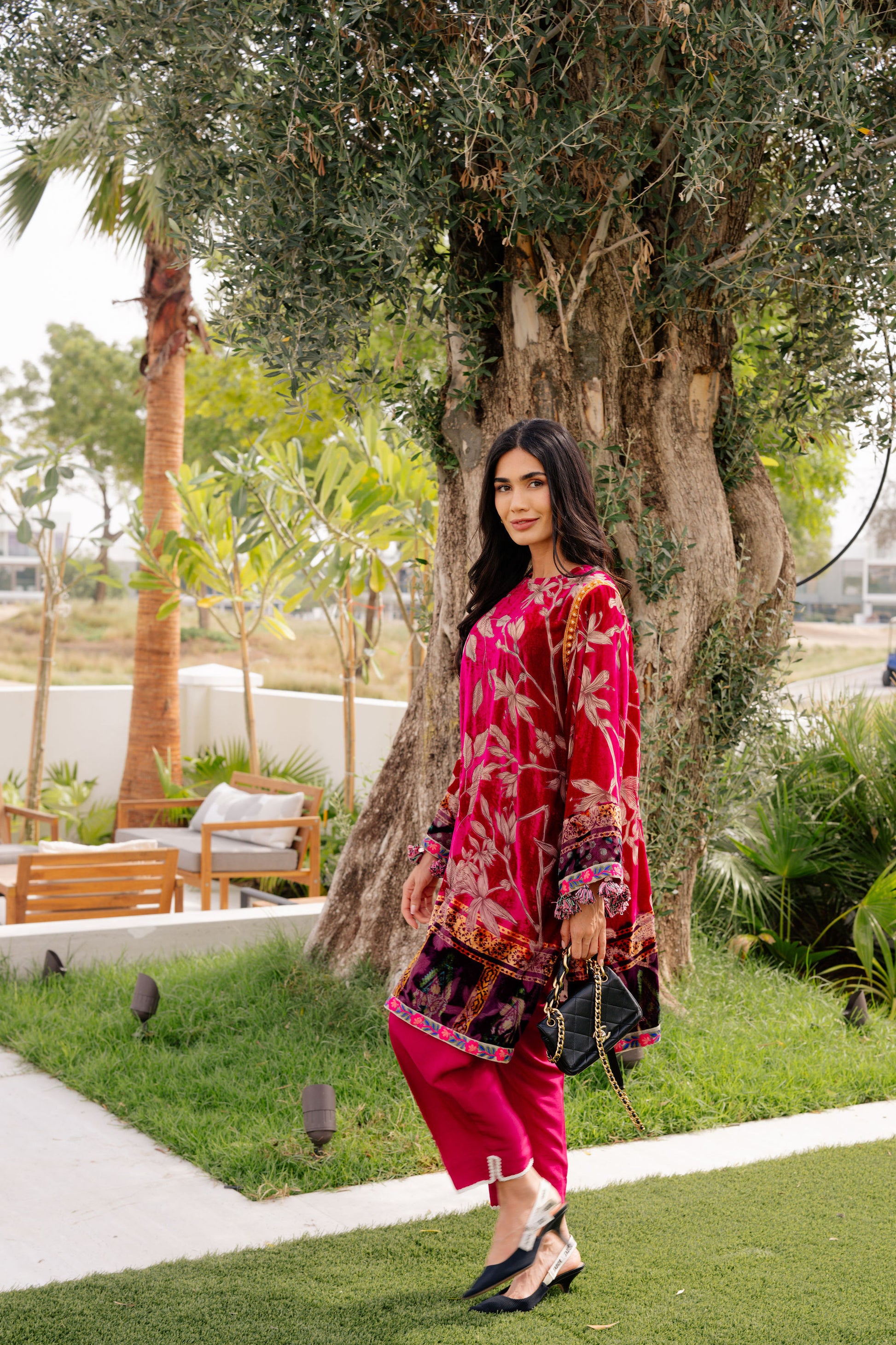 Fuchsia Pink Floral Palachi Velvet Box Shirt with Balloon Pants