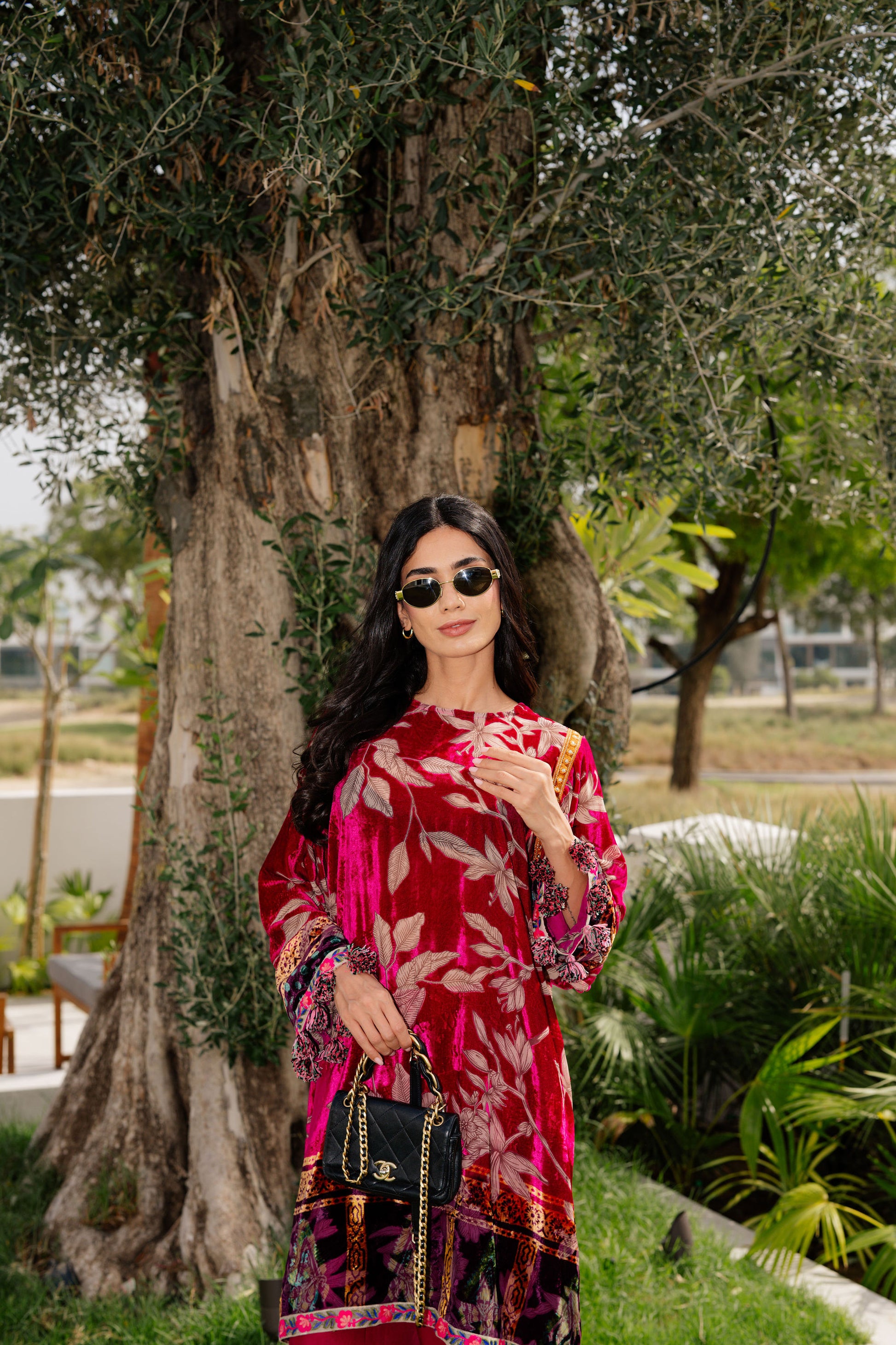 Fuchsia Pink Floral Palachi Velvet Box Shirt with Balloon Pants