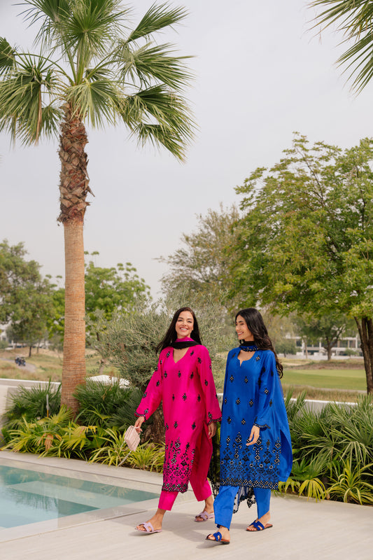 Fuchsia Mirrorwork Silk Suit