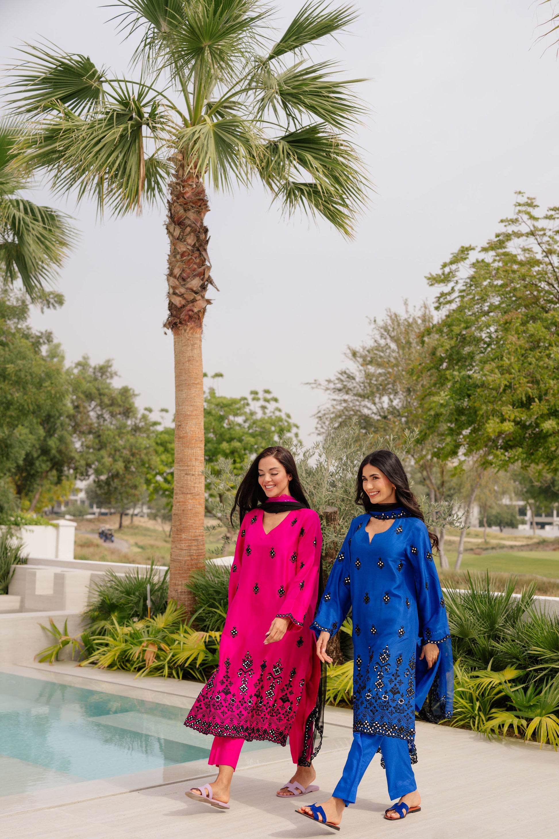 Fuchsia Mirrorwork Silk Suit