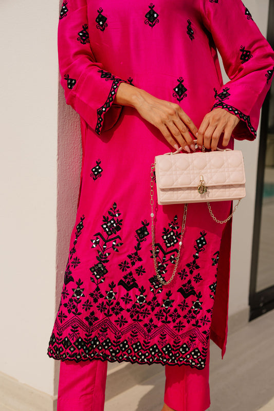 Fuchsia Mirrorwork Silk Suit