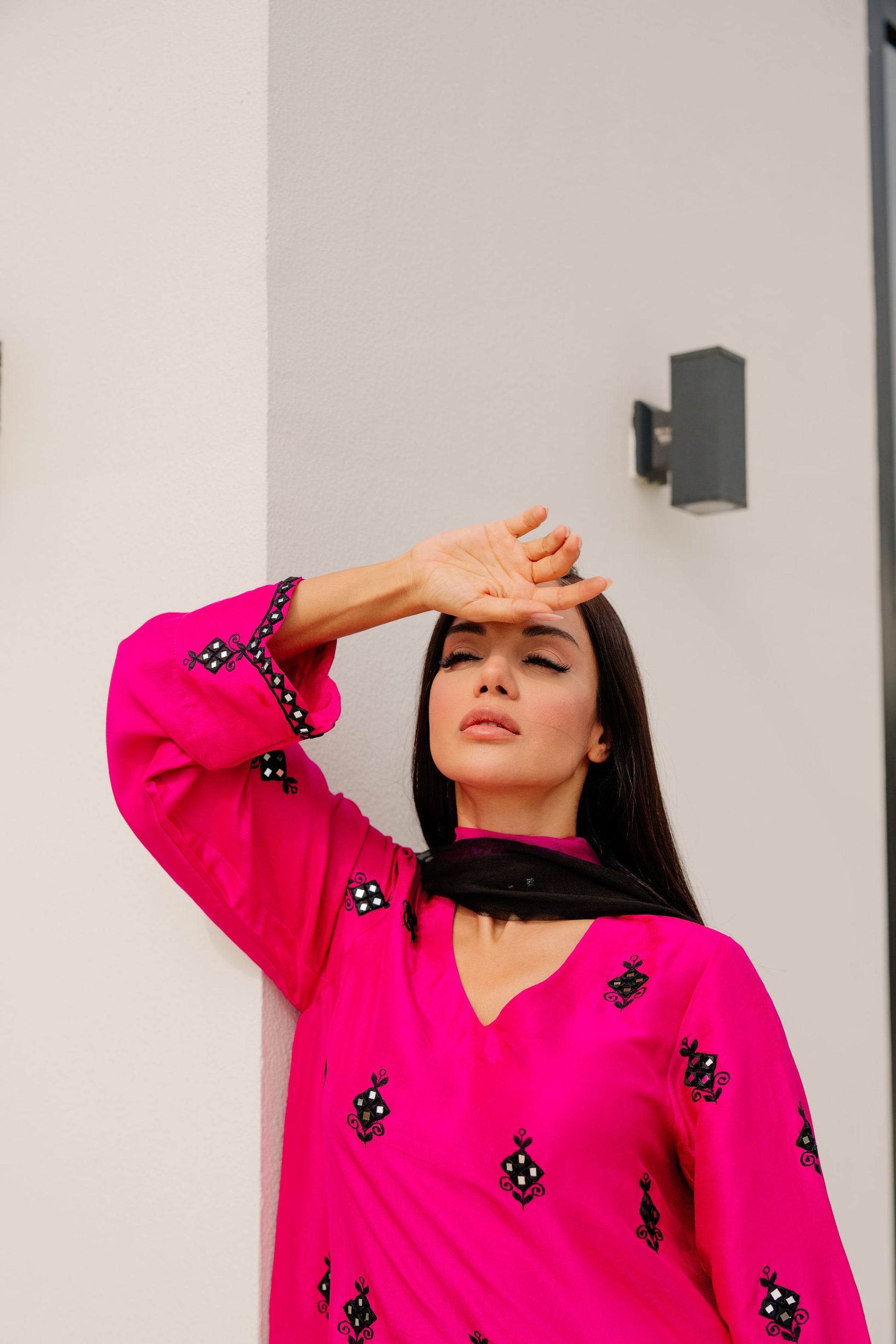 Fuchsia Mirrorwork Silk Suit