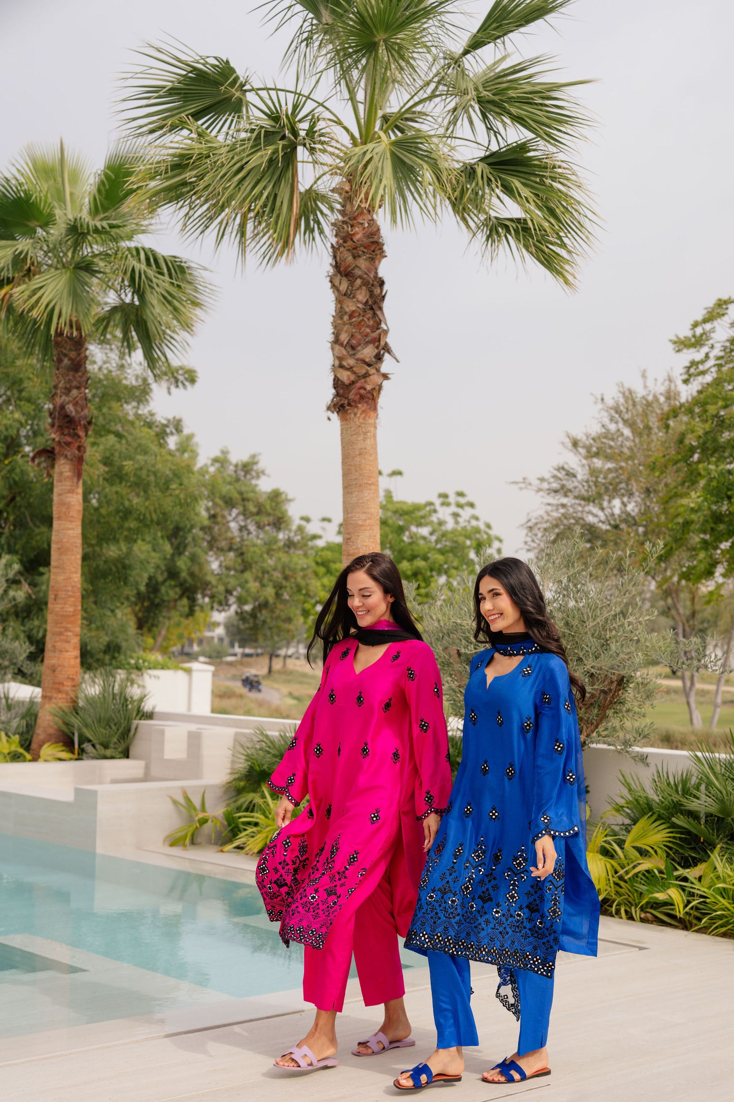 Fuchsia Mirrorwork Silk Suit