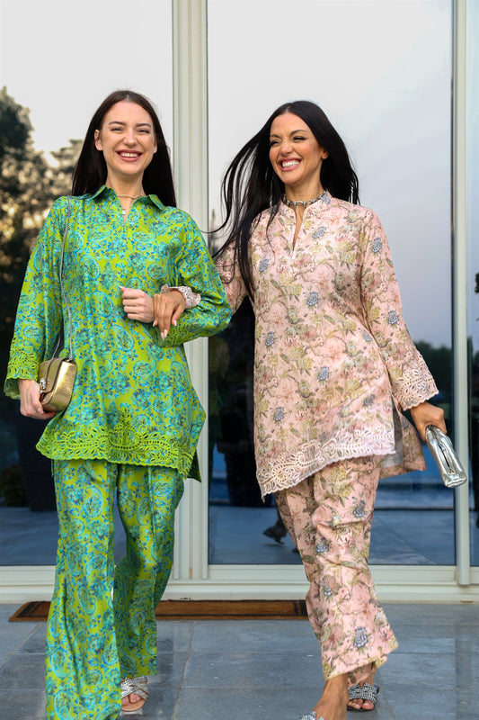 Blush Silk Floral Co-ord Set with Cutwork