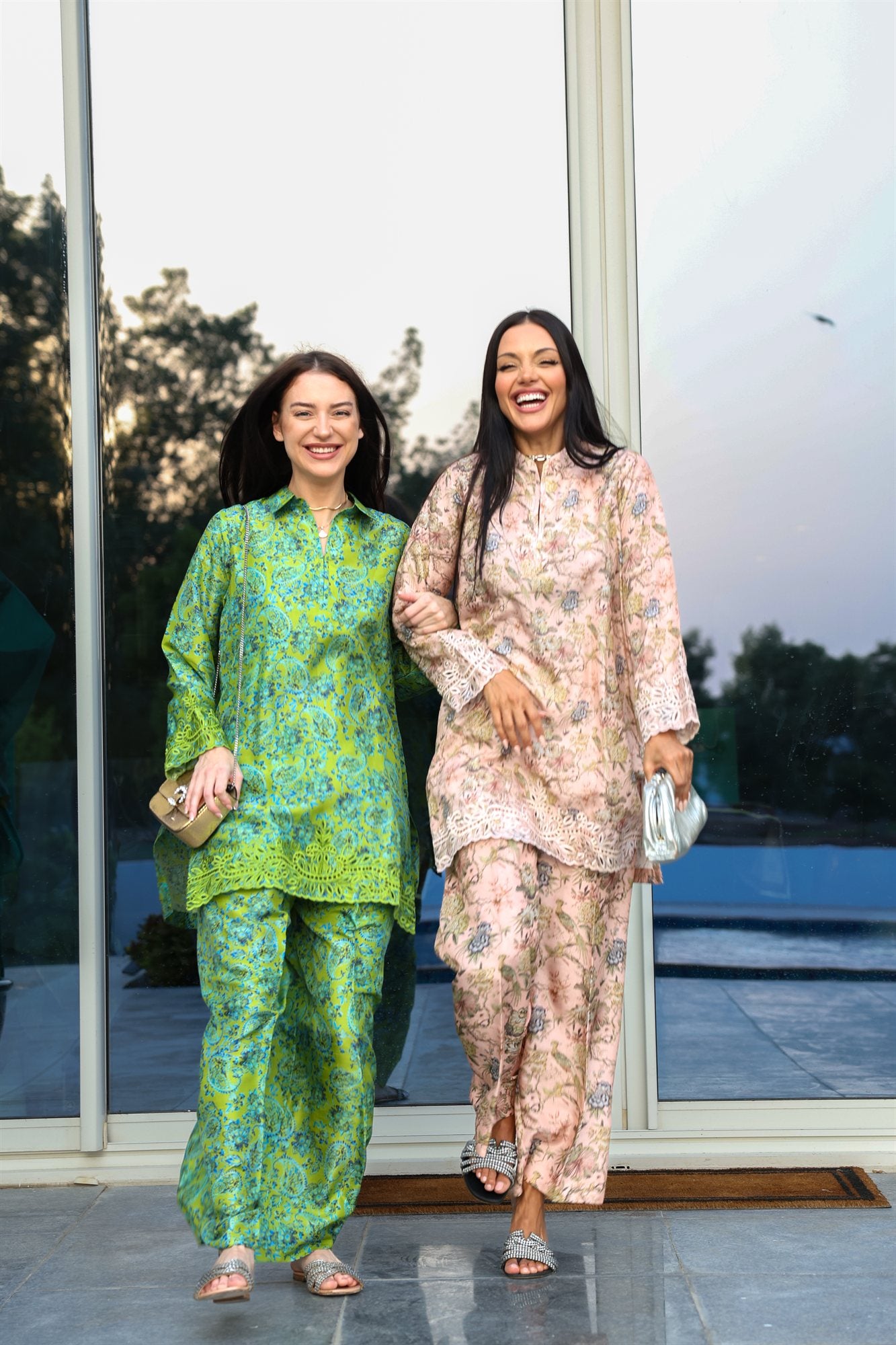Green Paisley Print Silk Tunic Co-ord Set with Cutwork