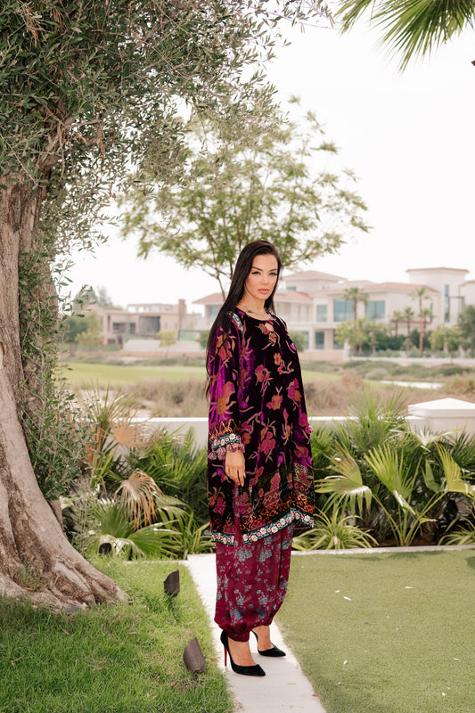 Lilac Purple Floral Palachi Velvet Box Shirt with Balloon Pants