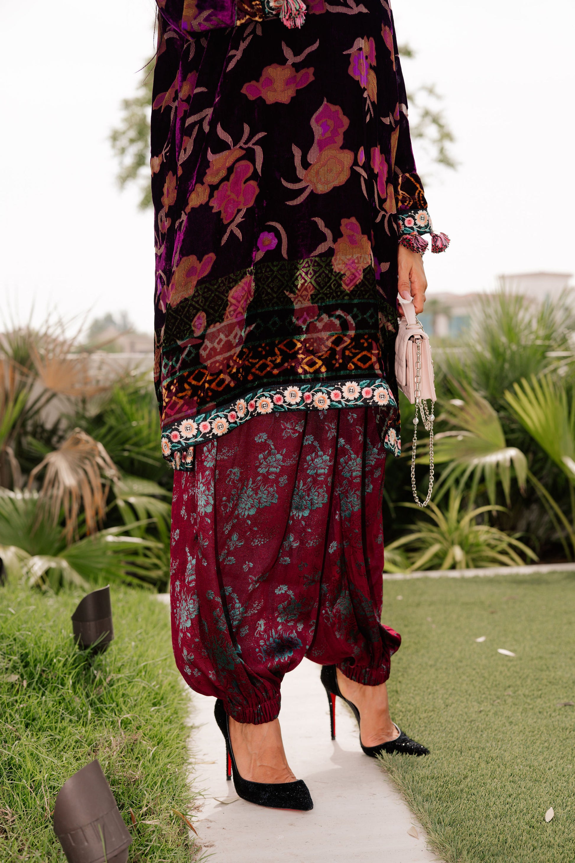 Lilac Purple Floral Palachi Velvet Box Shirt with Balloon Pants
