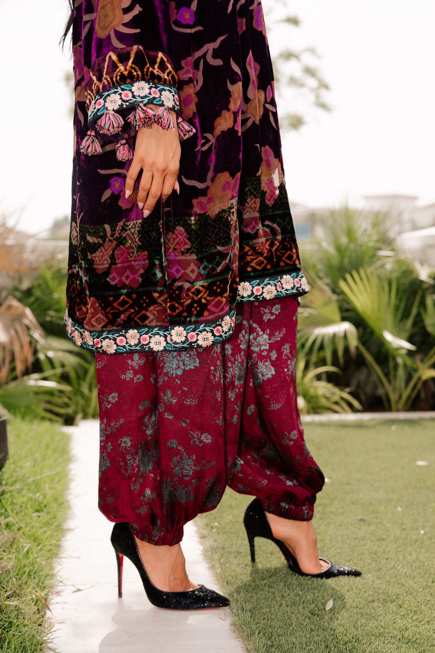 Lilac Purple Floral Palachi Velvet Box Shirt with Balloon Pants
