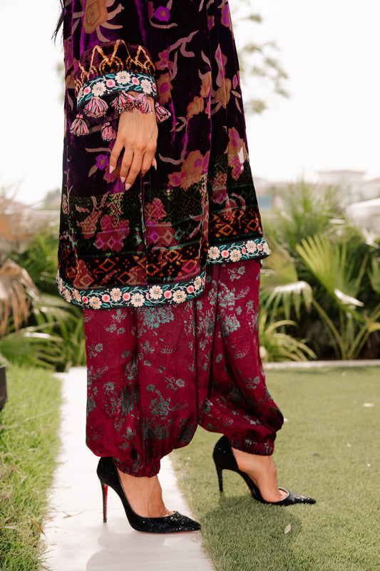 Lilac Purple Floral Palachi Velvet Box Shirt with Balloon Pants