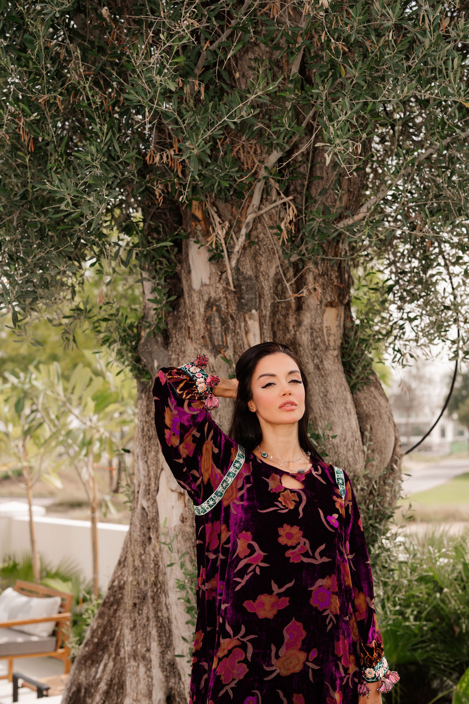 Lilac Purple Floral Palachi Velvet Box Shirt with Balloon Pants