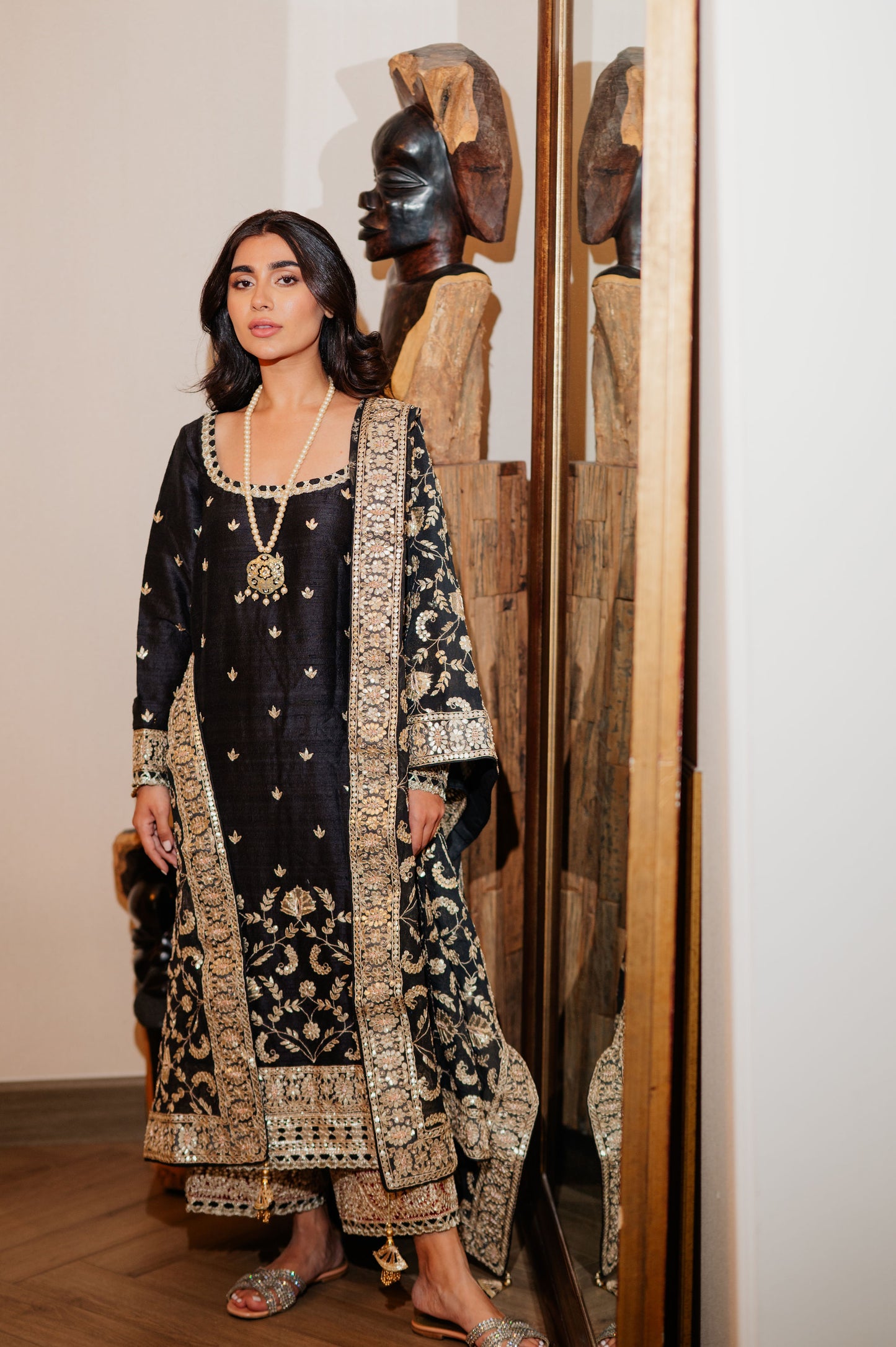 Black Chanderi Silk Kaamdani & Zari Embroidered 3 Piece Suit
