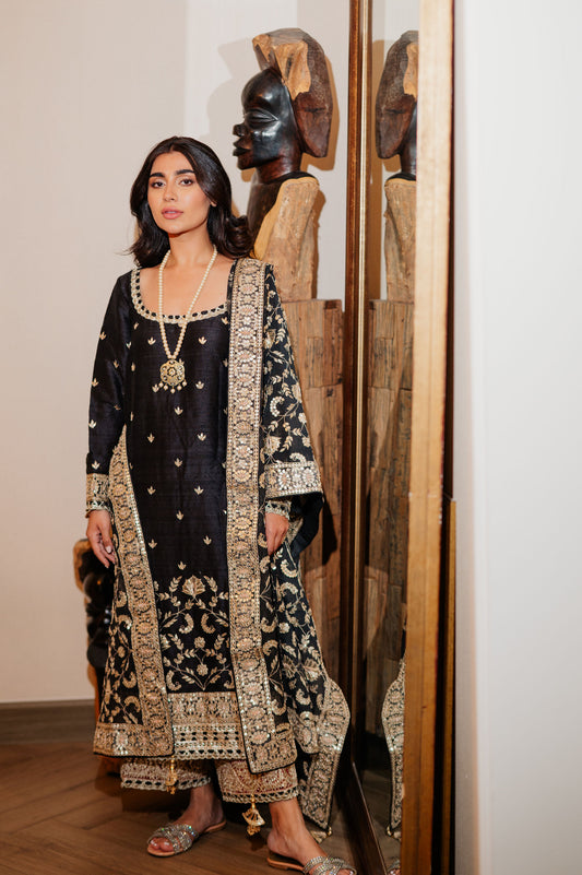 Black Chanderi Silk Kaamdani & Zari Embroidered 3 Piece Suit