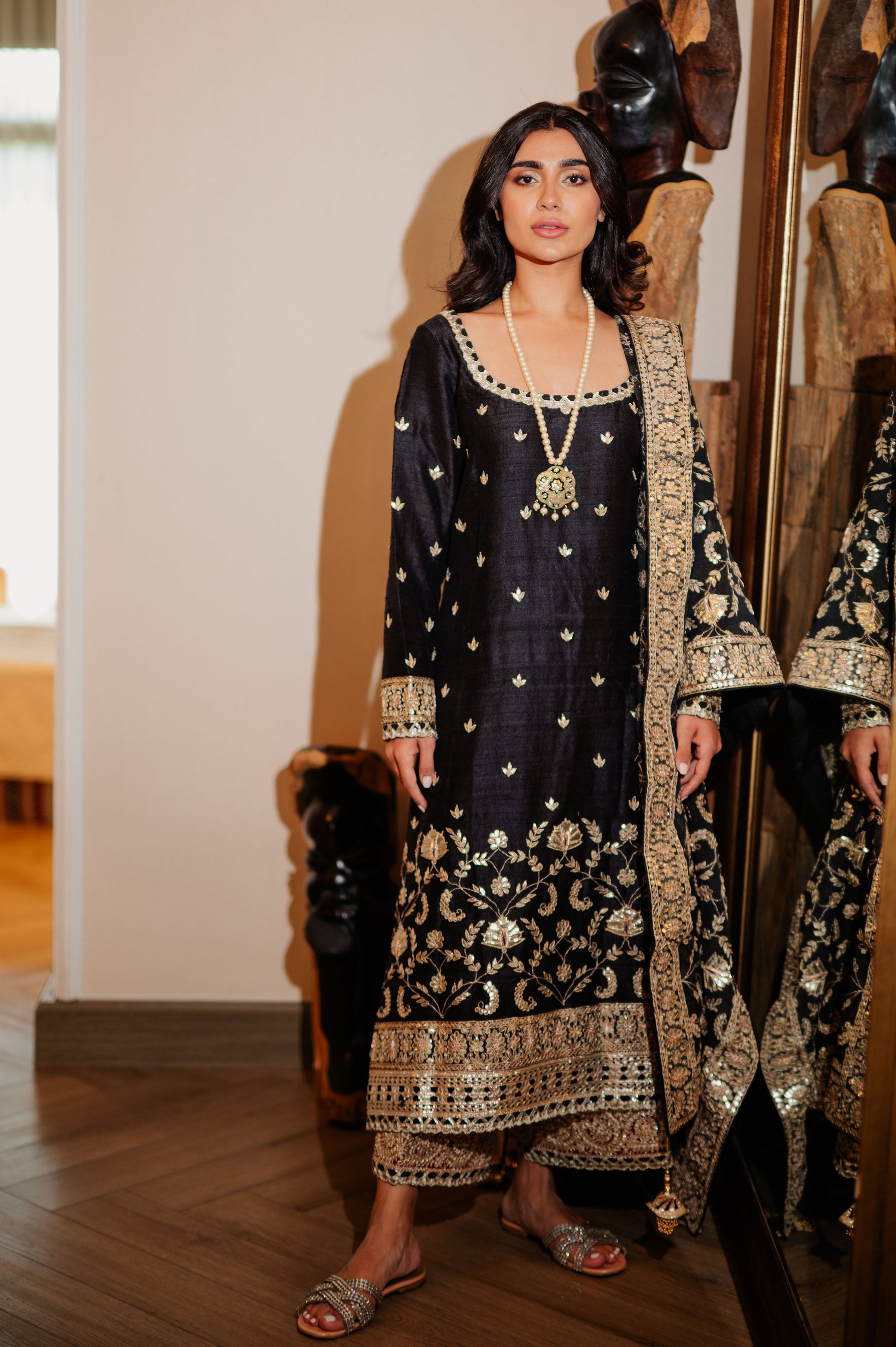 Black Chanderi Silk Kaamdani & Zari Embroidered 3 Piece Suit