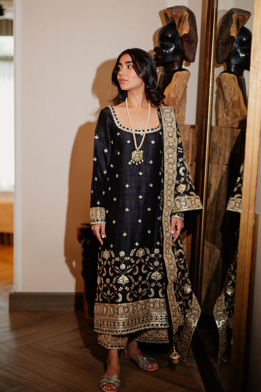 Black Chanderi Silk Kaamdani & Zari Embroidered 3 Piece Suit