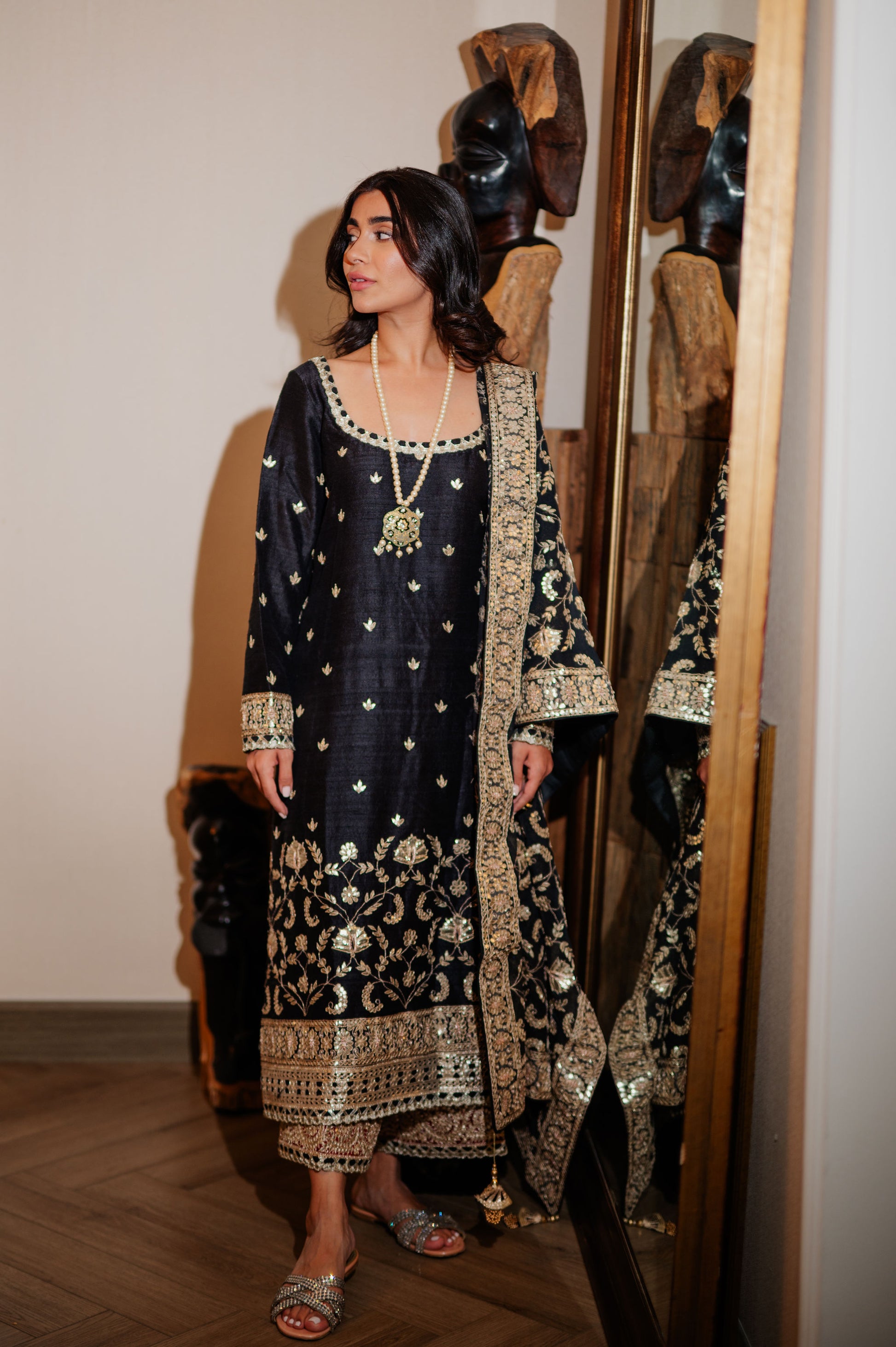 Black Chanderi Silk Kaamdani & Zari Embroidered 3 Piece Suit