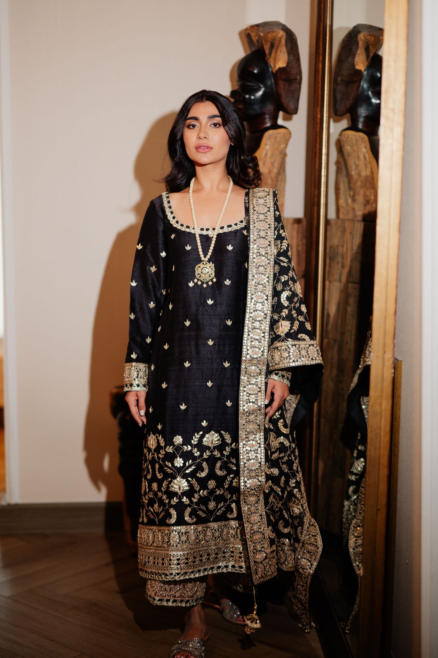 Black Chanderi Silk Kaamdani & Zari Embroidered 3 Piece Suit