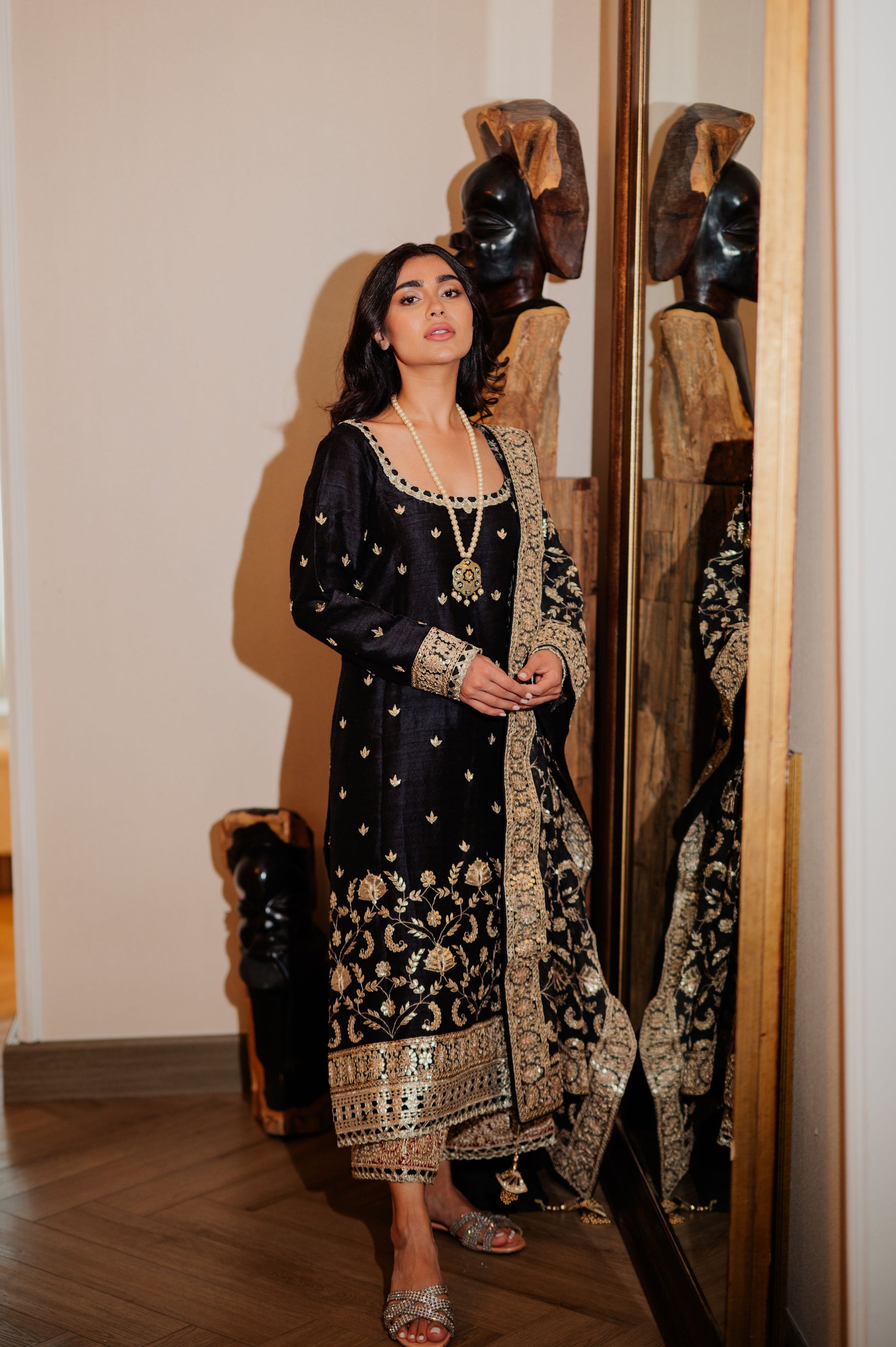 Black Chanderi Silk Kaamdani & Zari Embroidered 3 Piece Suit