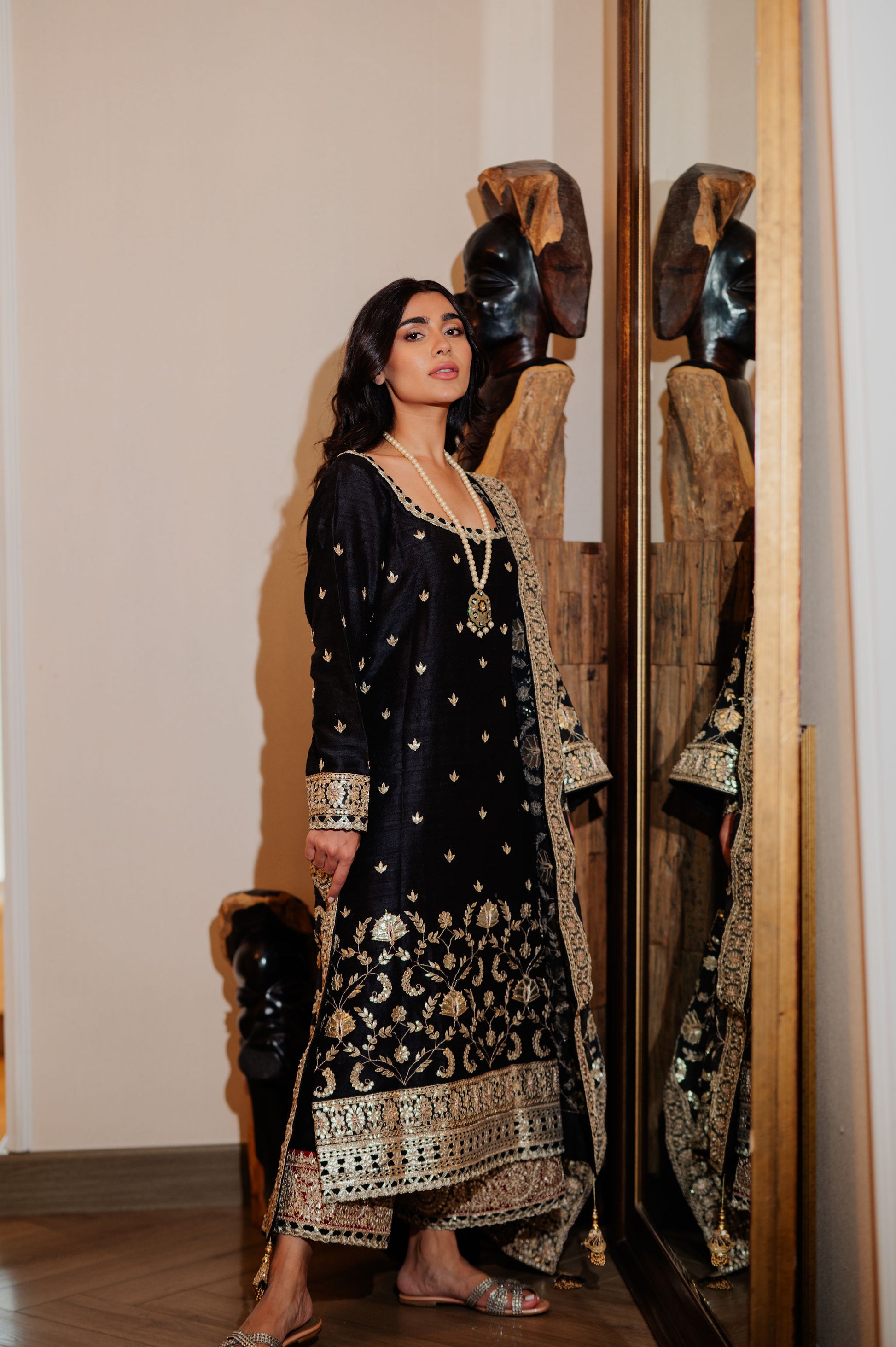 Black Chanderi Silk Kaamdani & Zari Embroidered 3 Piece Suit