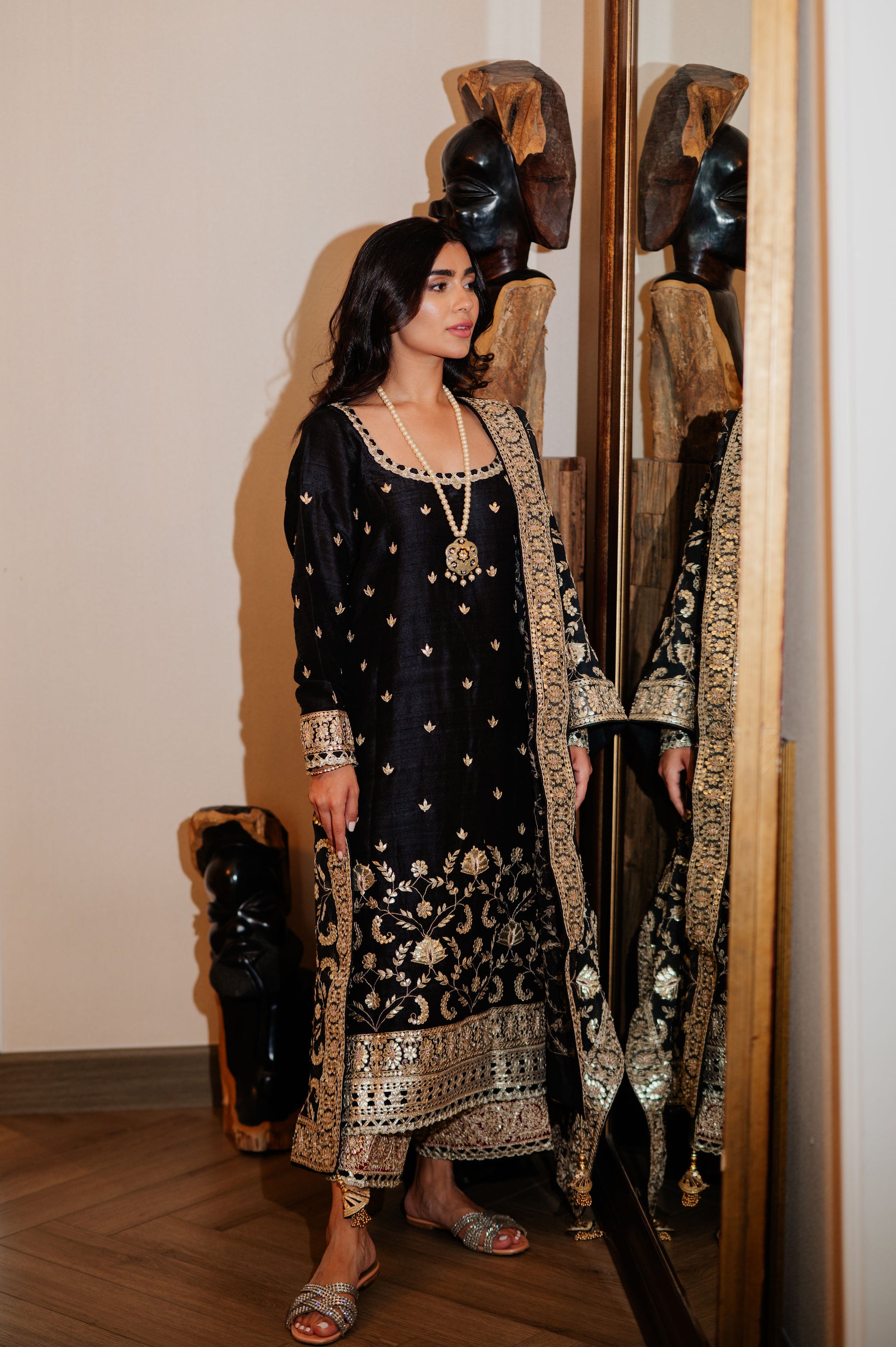 Black Chanderi Silk Kaamdani & Zari Embroidered 3 Piece Suit