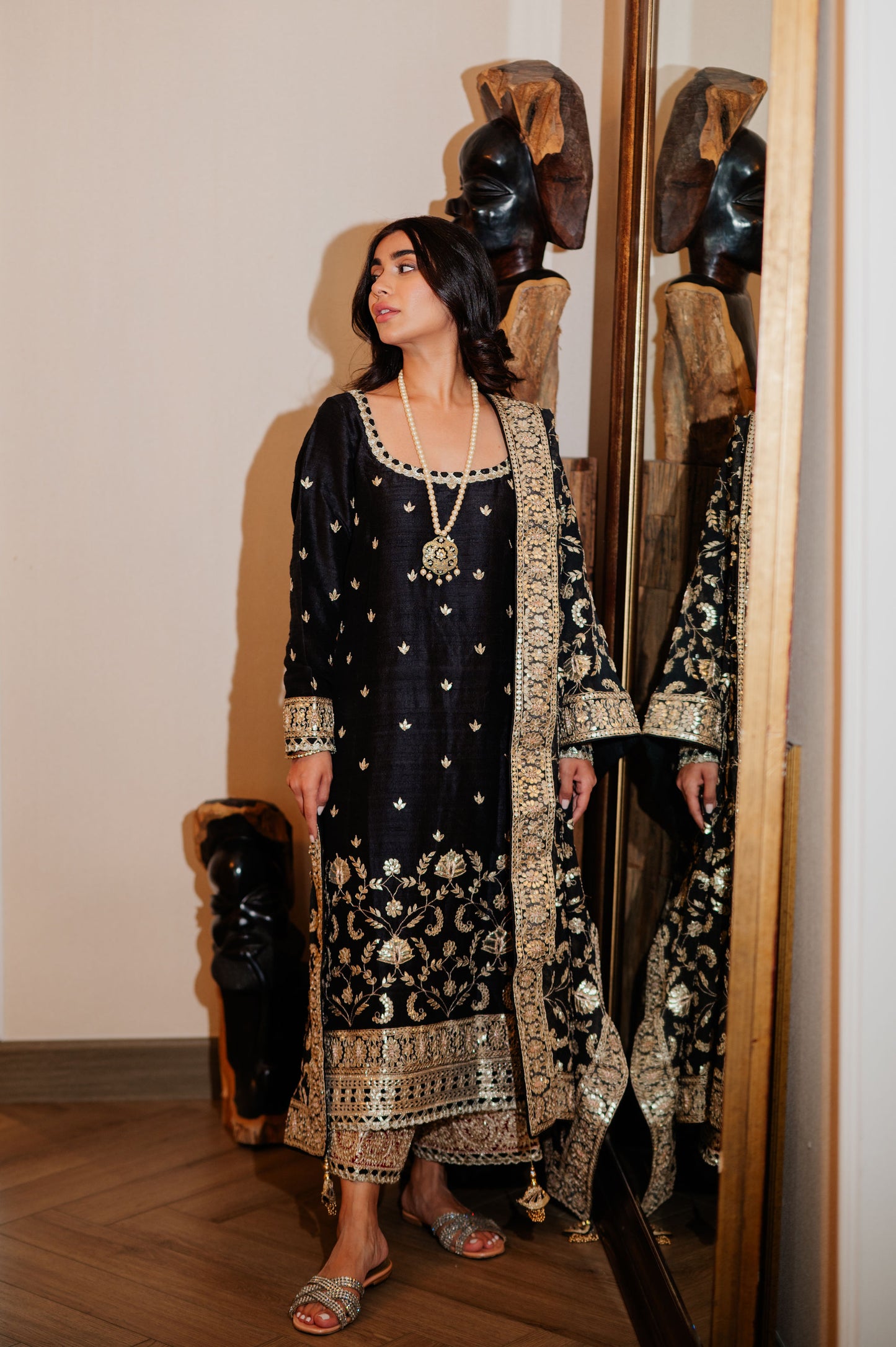 Black Chanderi Silk Kaamdani & Zari Embroidered 3 Piece Suit