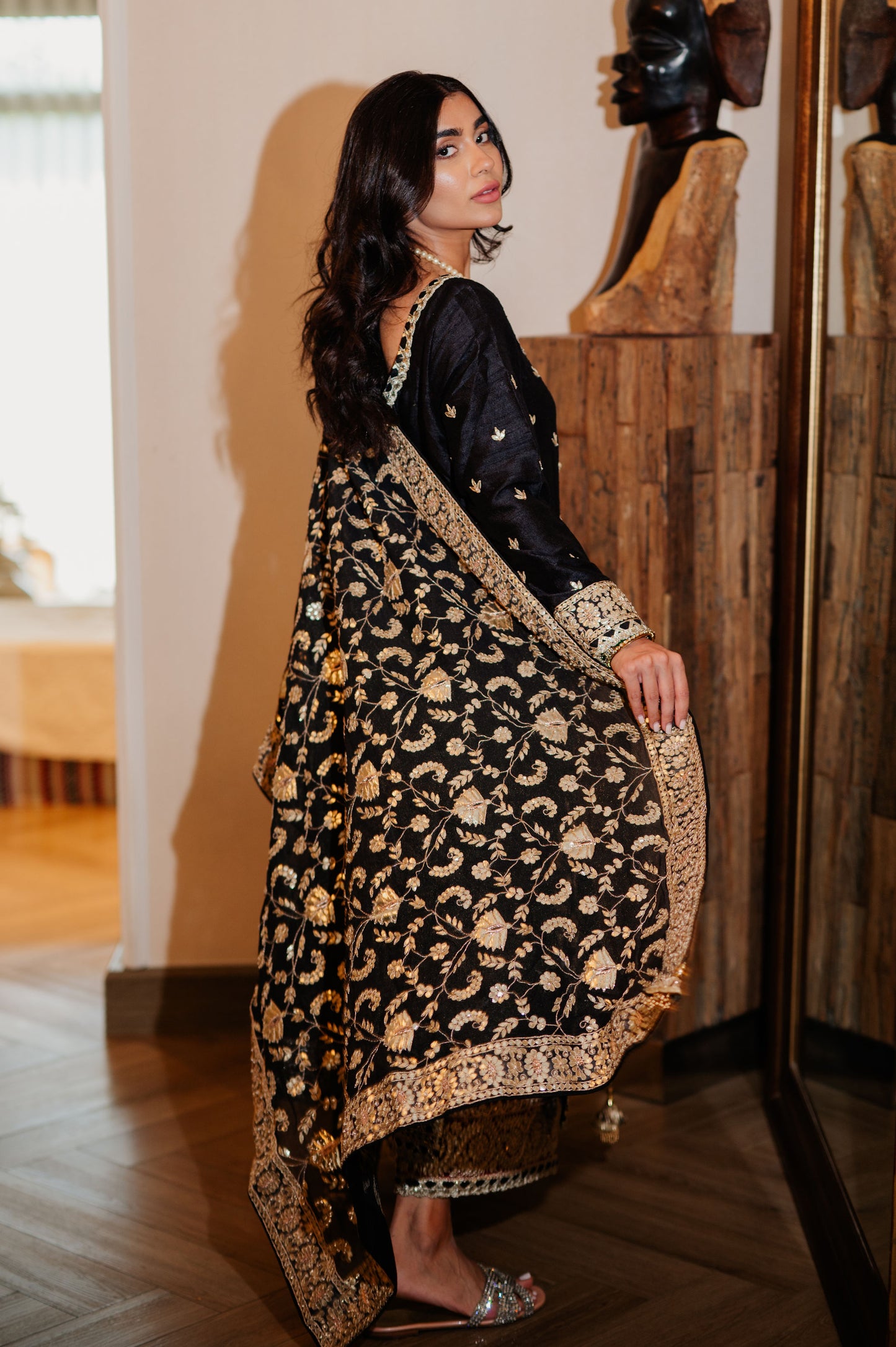 Black Chanderi Silk Kaamdani & Zari Embroidered 3 Piece Suit
