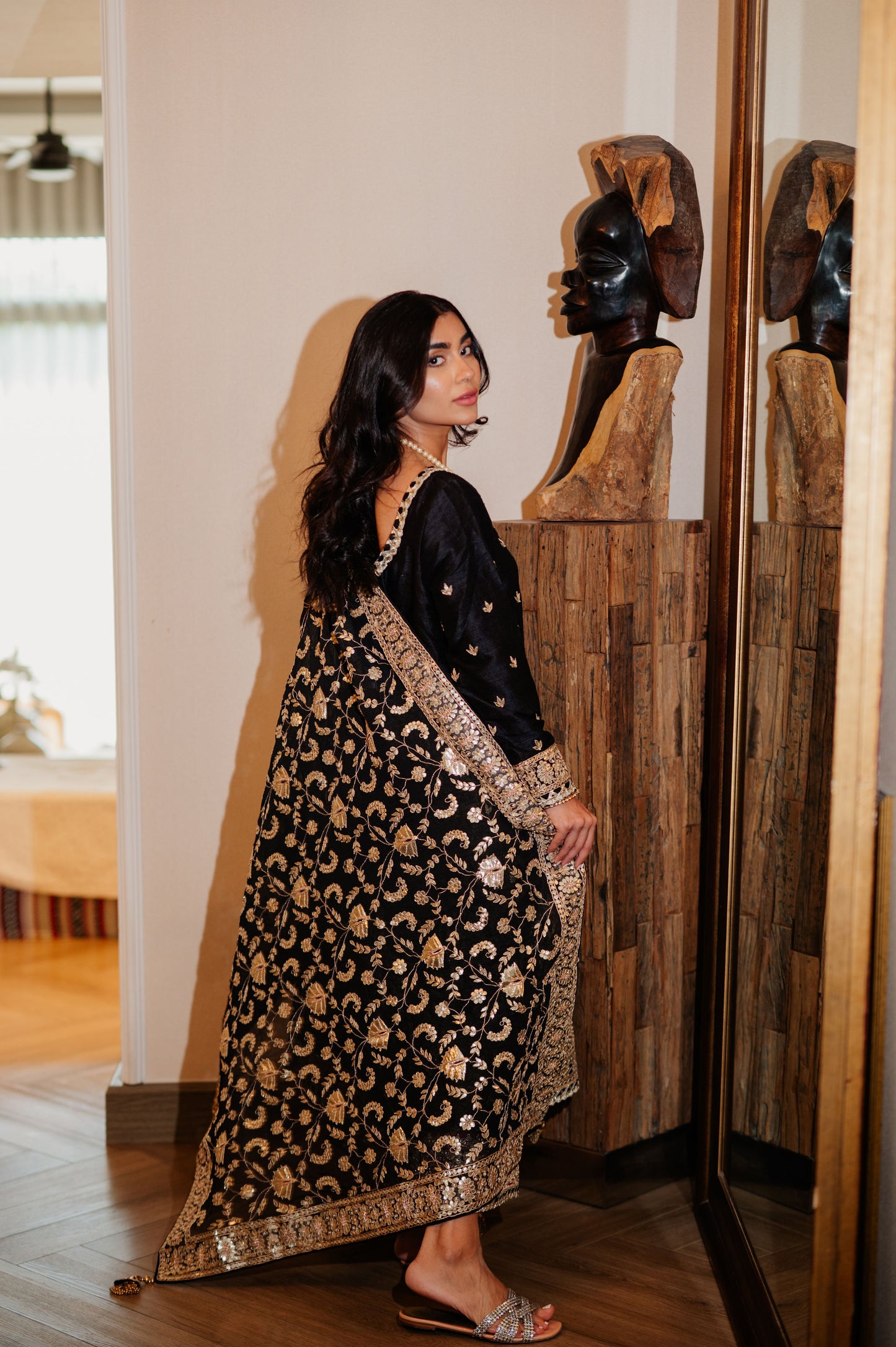 Black Chanderi Silk Kaamdani & Zari Embroidered 3 Piece Suit