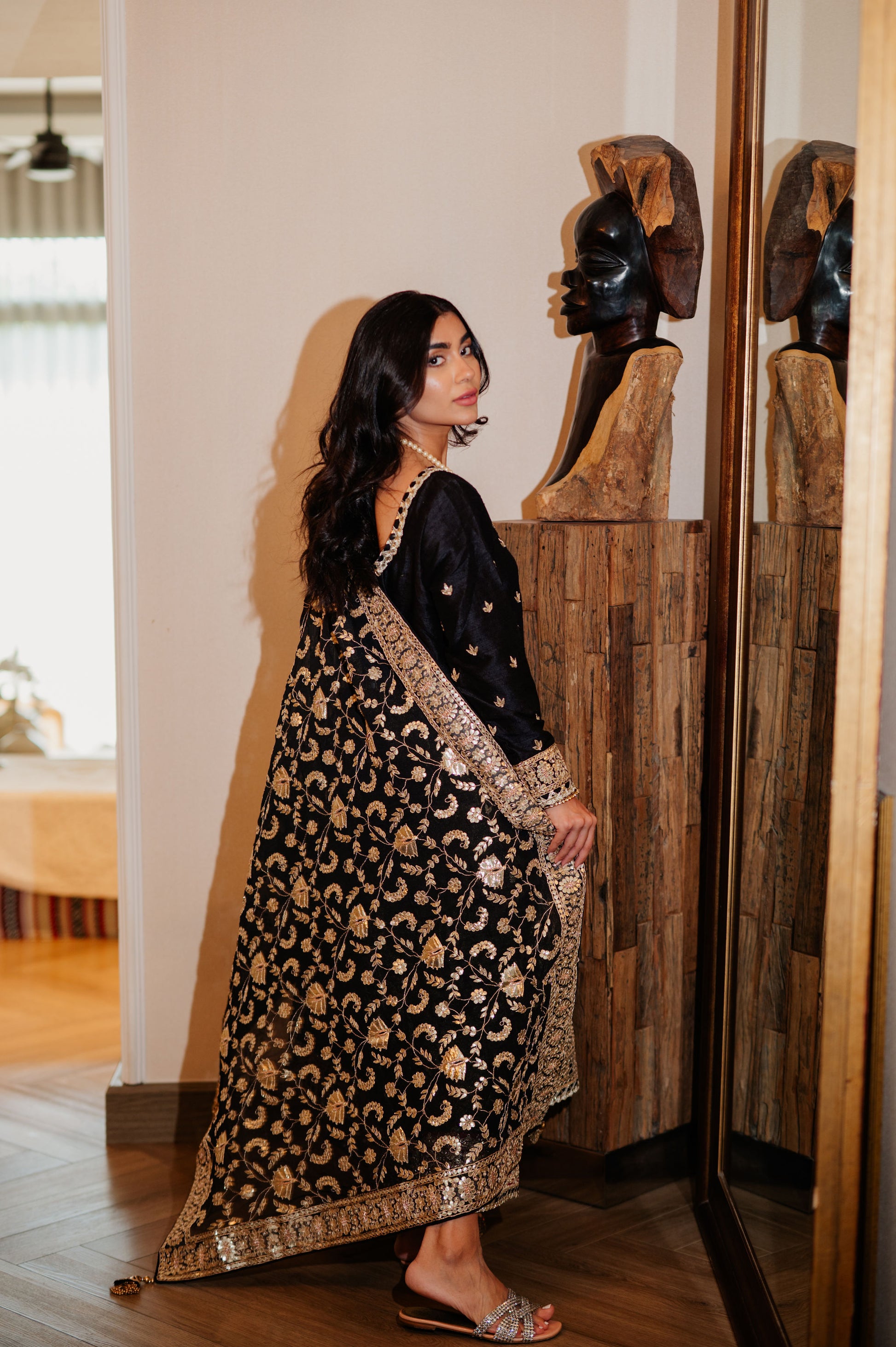 Black Chanderi Silk Kaamdani & Zari Embroidered 3 Piece Suit
