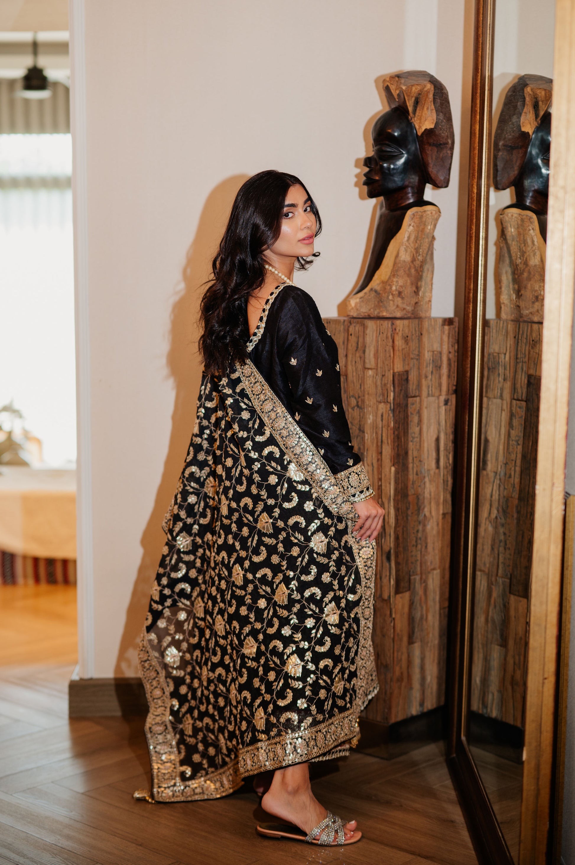 Black Chanderi Silk Kaamdani & Zari Embroidered 3 Piece Suit