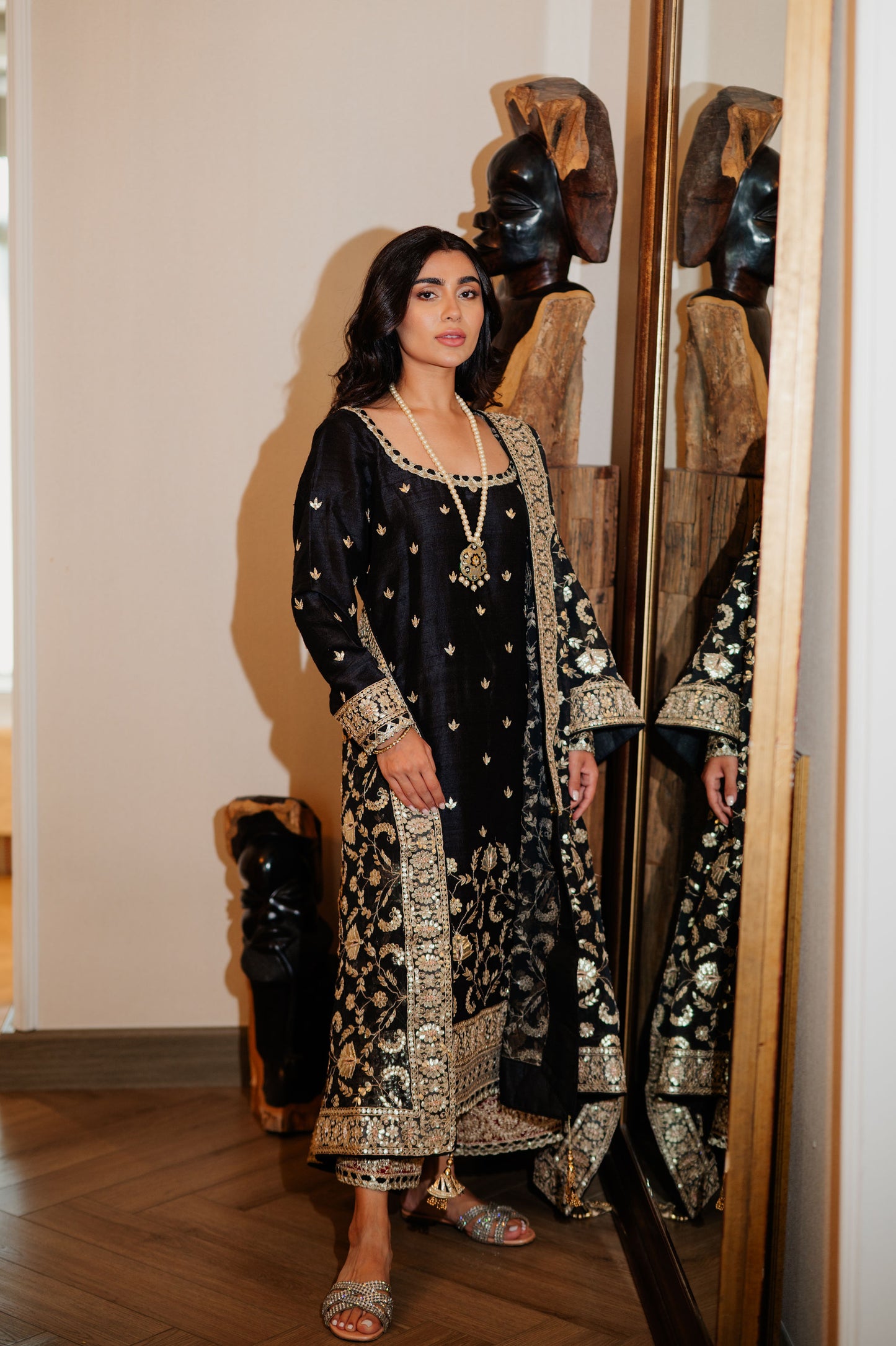 Black Chanderi Silk Kaamdani & Zari Embroidered 3 Piece Suit