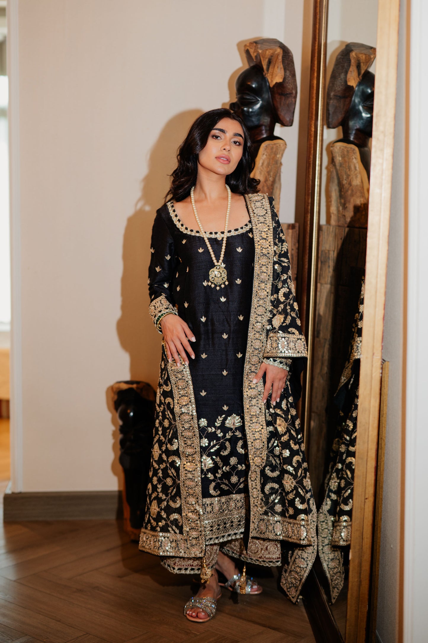 Black Chanderi Silk Kaamdani & Zari Embroidered 3 Piece Suit