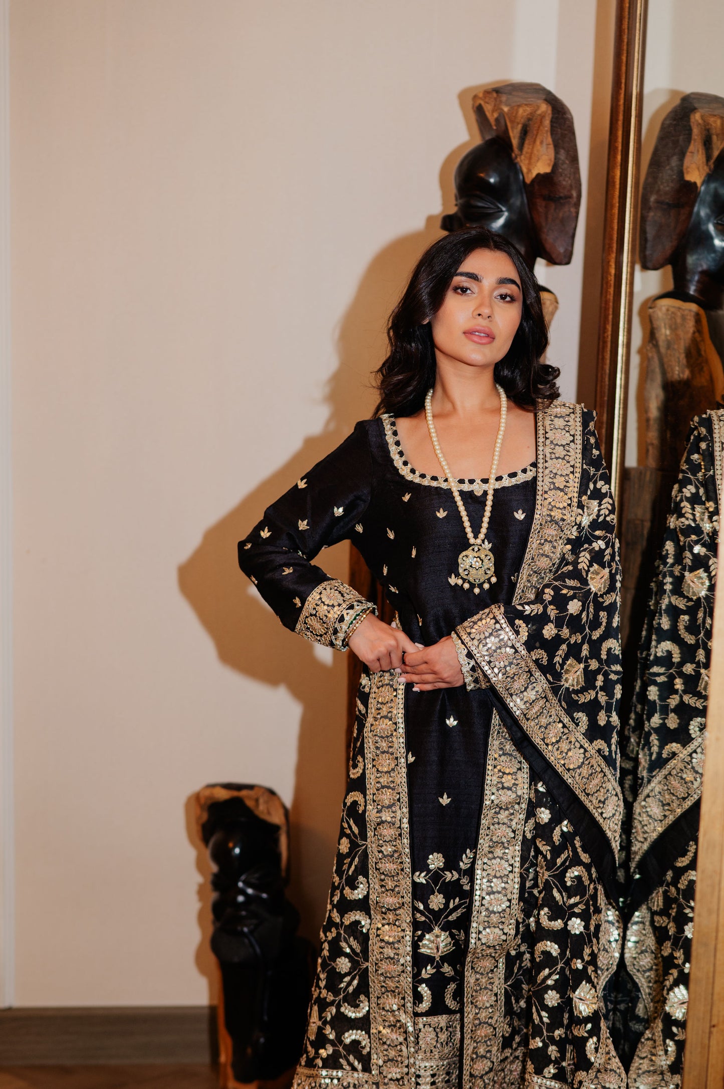 Black Chanderi Silk Kaamdani & Zari Embroidered 3 Piece Suit