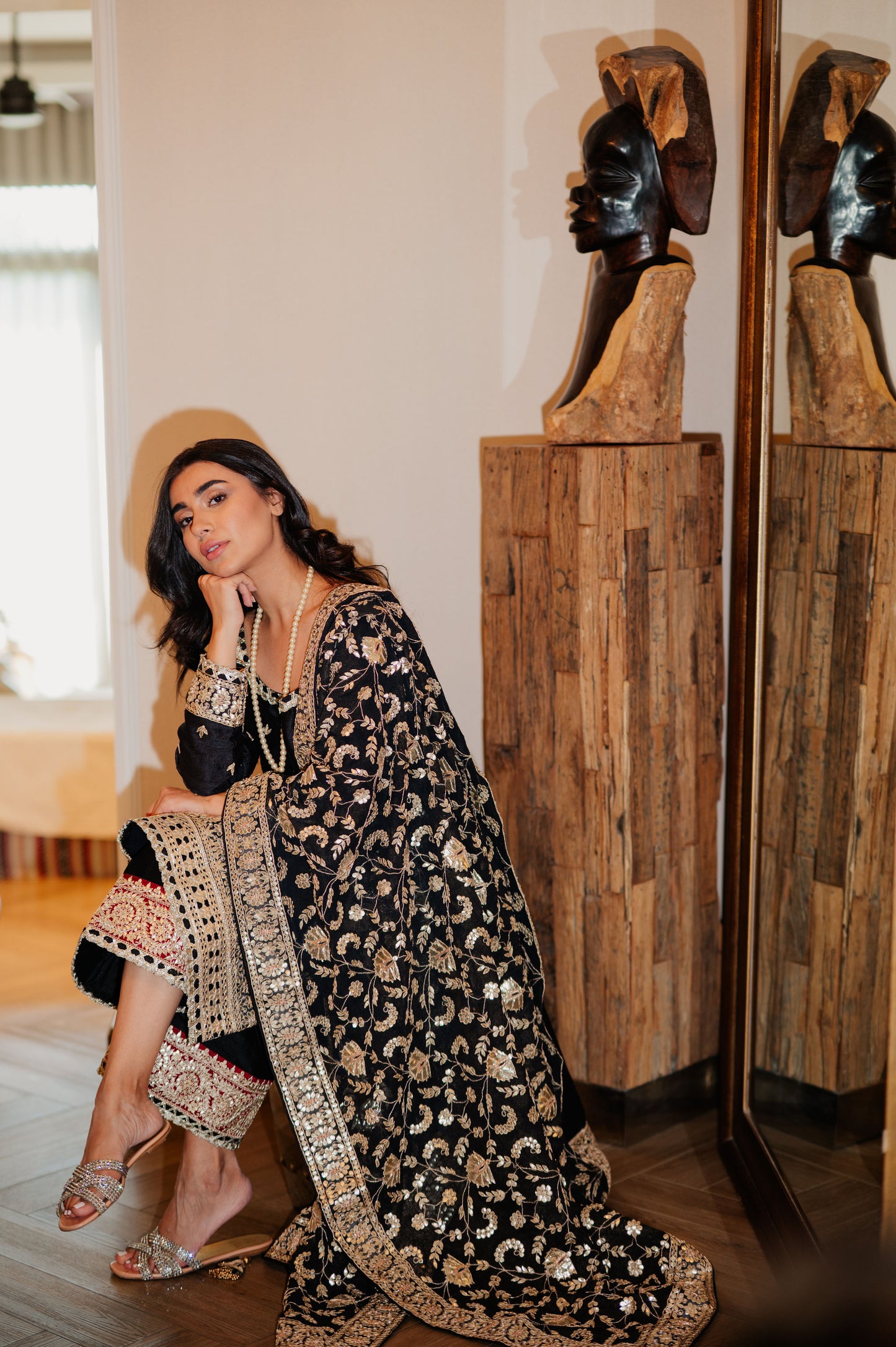 Black Chanderi Silk Kaamdani & Zari Embroidered 3 Piece Suit