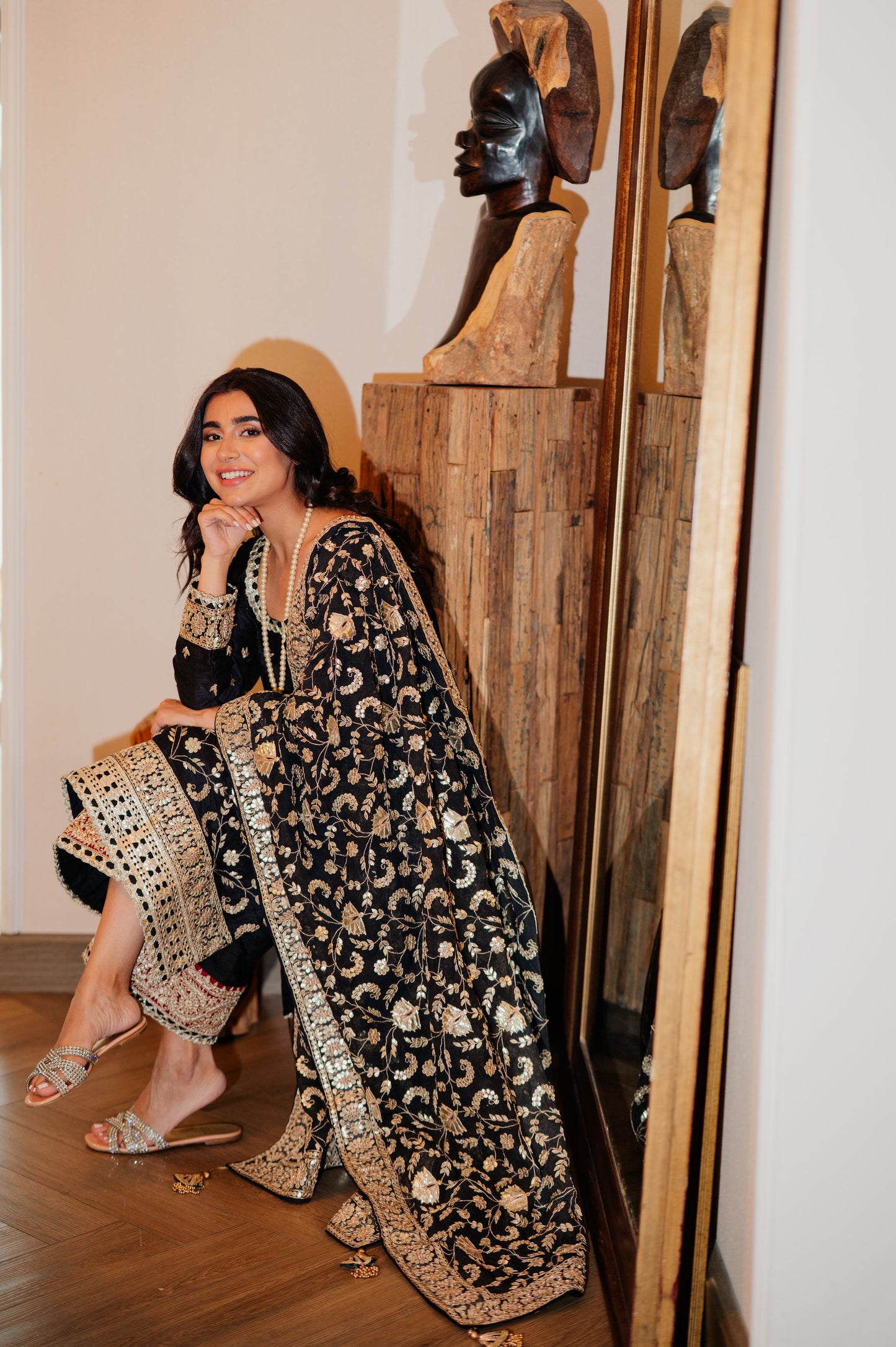 Black Chanderi Silk Kaamdani & Zari Embroidered 3 Piece Suit