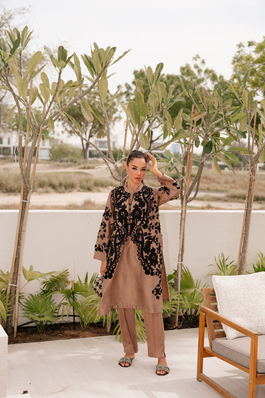 Sand Appliqué Silk Suit