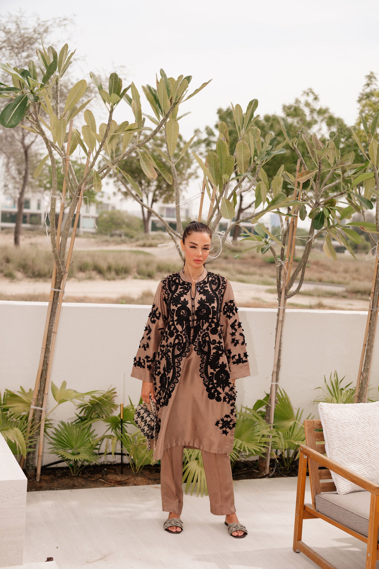 Sand Appliqué Silk Suit