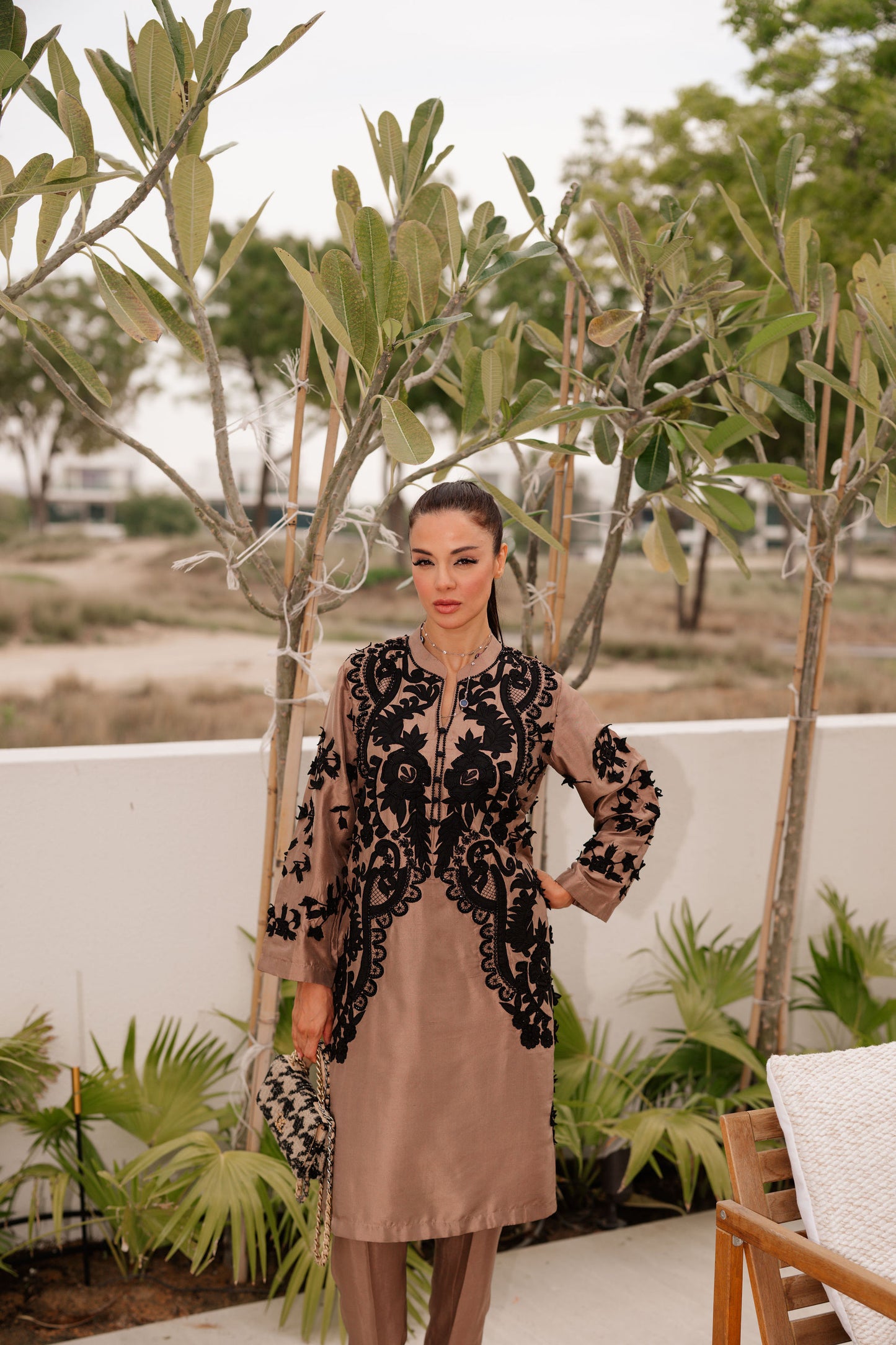 Sand Appliqué Silk Suit