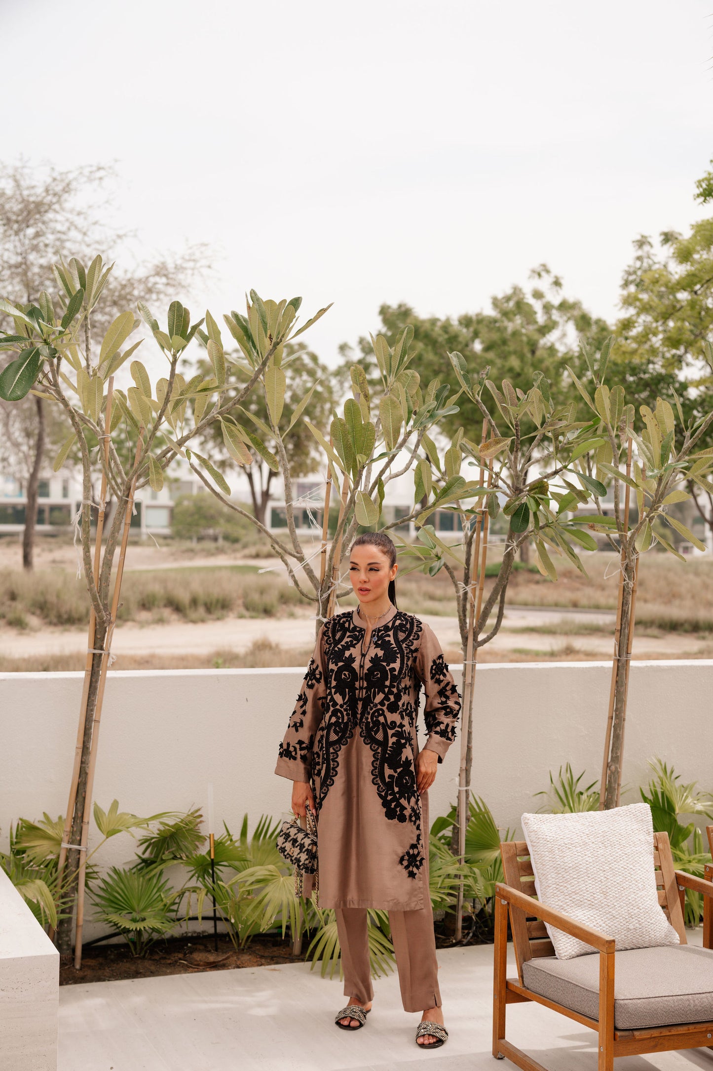 Sand Appliqué Silk Suit