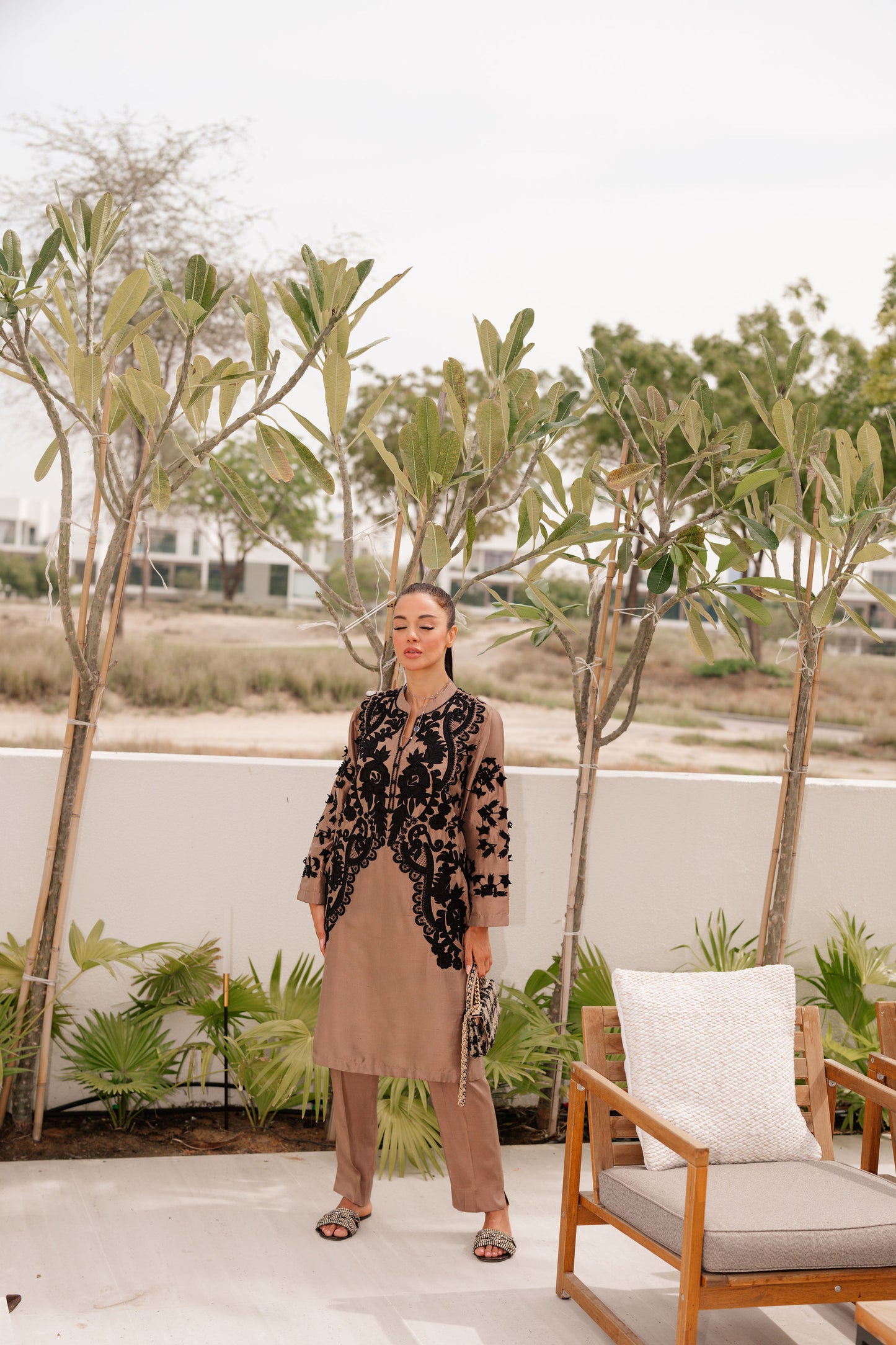 Sand Appliqué Silk Suit