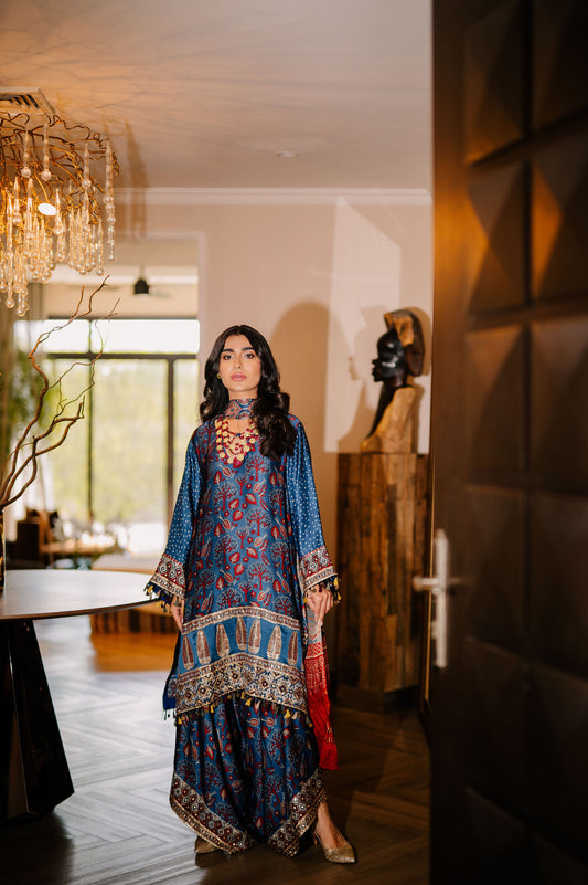 Teal Ajrak Silk Suit