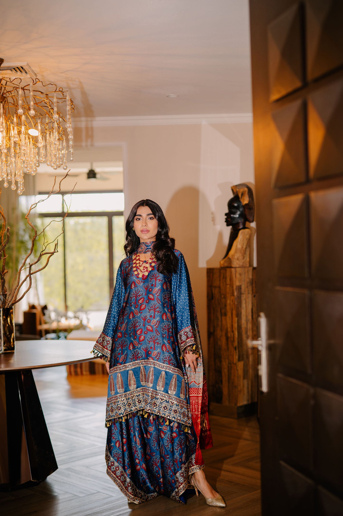 Teal Ajrak Silk Suit