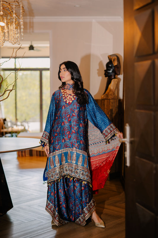 Teal Ajrak Silk Suit