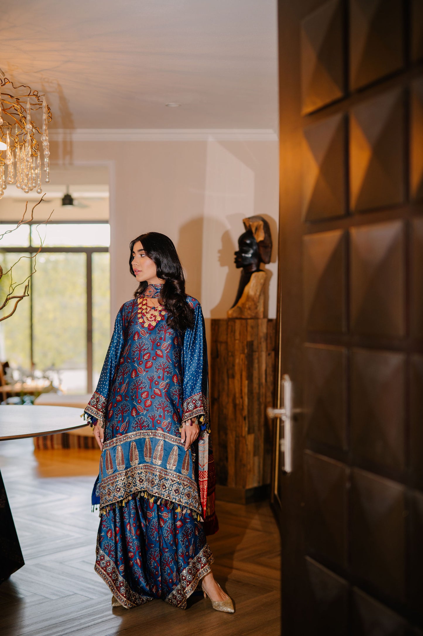 Teal Ajrak Silk Suit