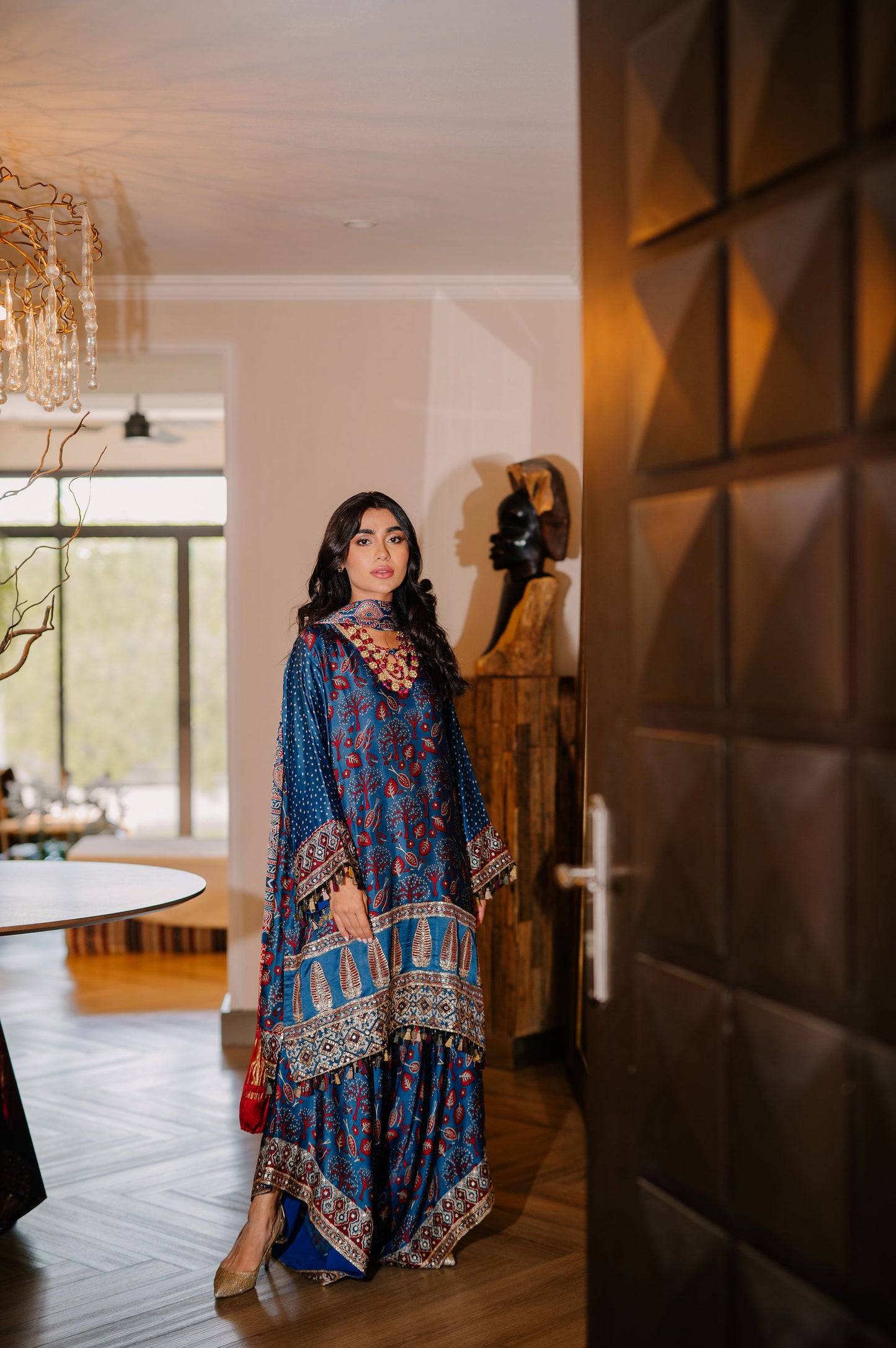 Teal Ajrak Silk Suit