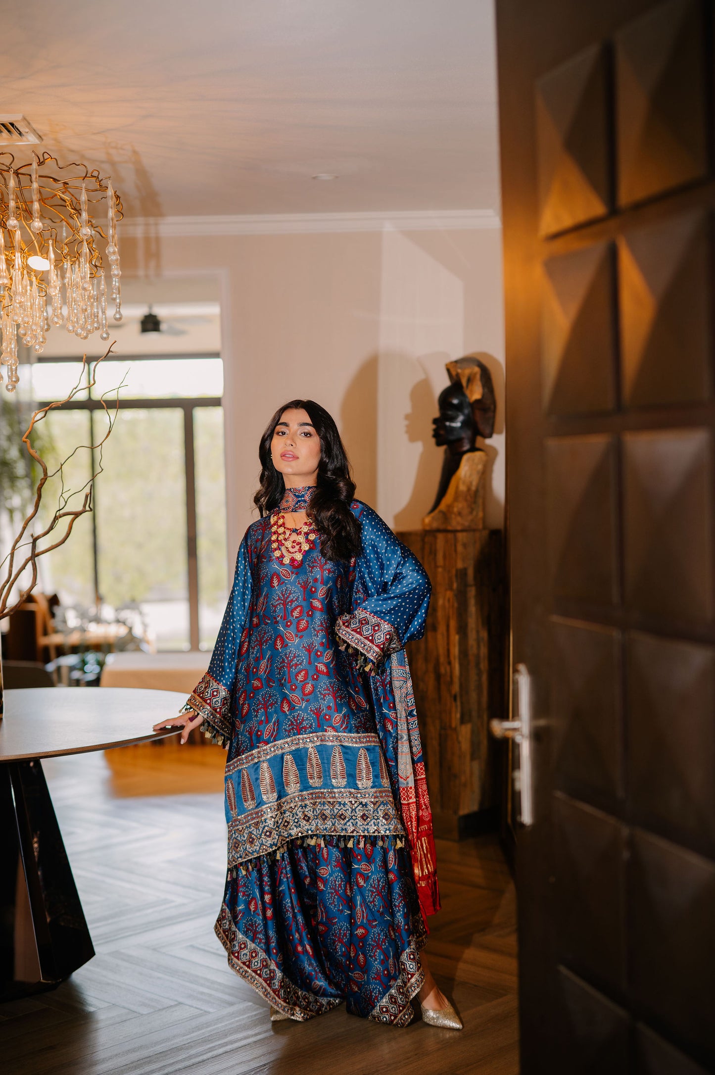 Teal Ajrak Silk Suit
