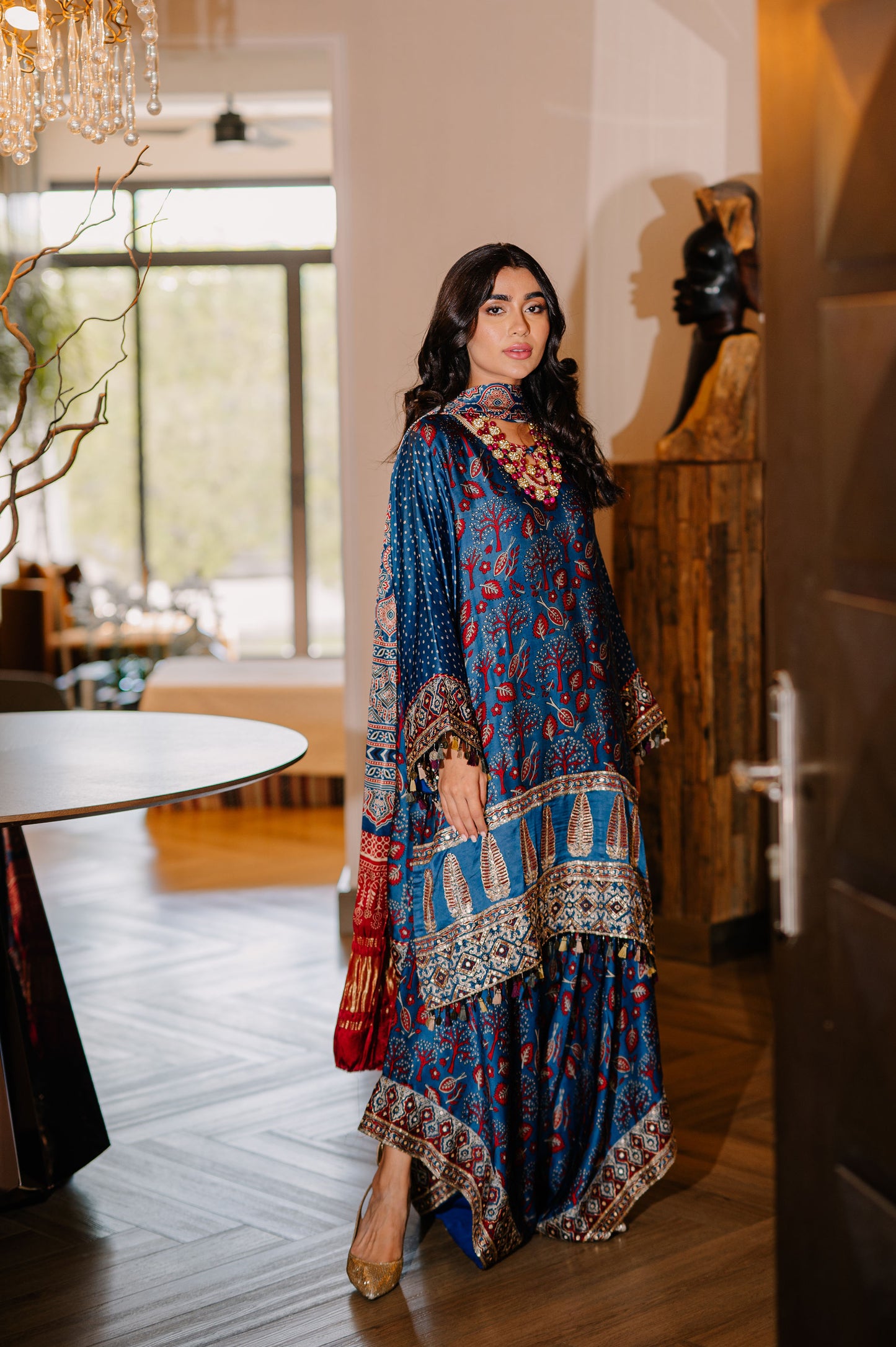 Teal Ajrak Silk Suit