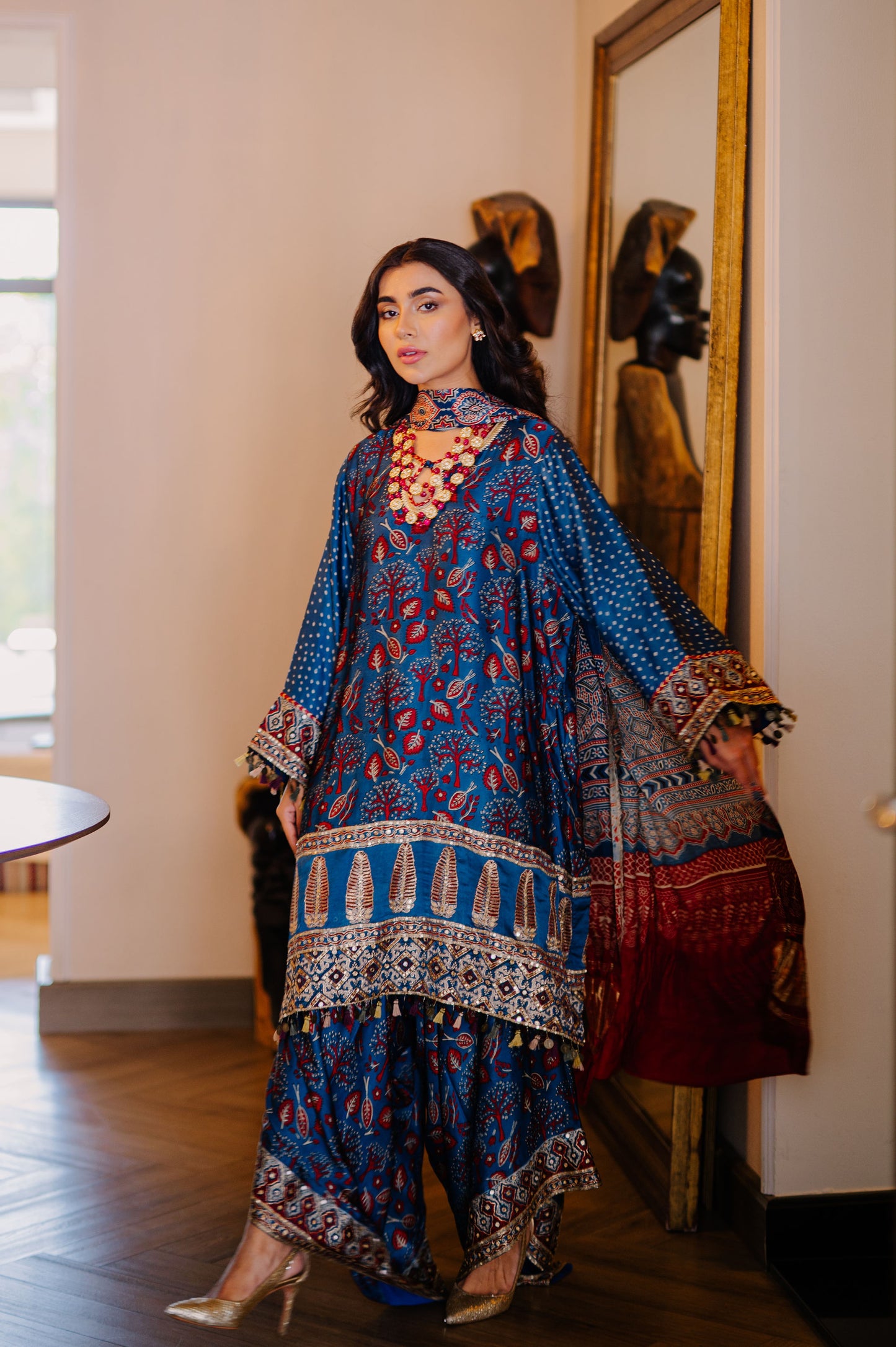 Teal Ajrak Silk Suit